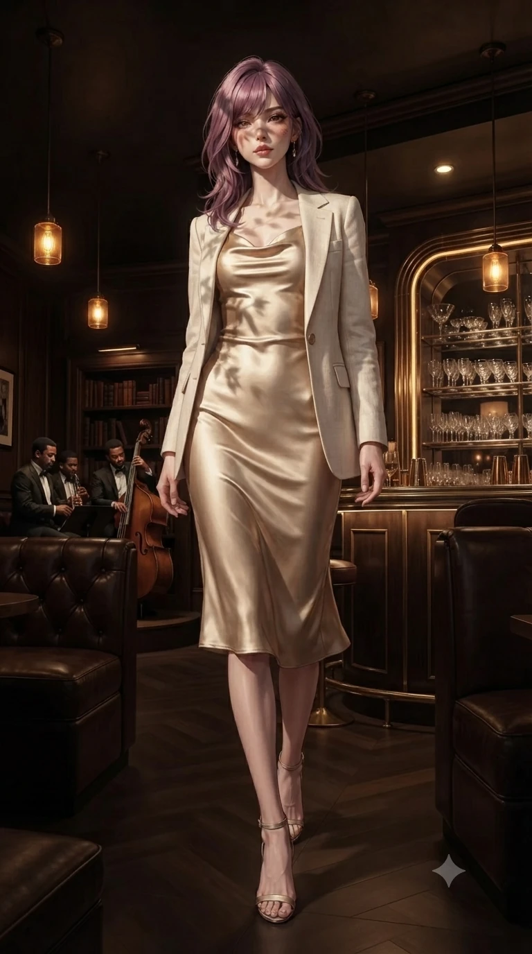 score_9, masterpiece, best quality, ultra-detailed, high-budget anime keyframe, editorial fashion photography, tasteful artistic composition, Japanese woman. low angle full-body shot from head to toe showing her feet, filling the entire 9:16 vertical frame with her statuesque presence, stretching her vertical silhouette. floating with ethereal lightness within a hidden underground bar accessed through a secret bookshelf door with dim amber pendant lights a live jazz trio in the corner deep leather booth seating and a gleaming art deco bar with mirrored back shelving. She has a statuesque 8.5-heads proportion, an exceptionally tall, slender and willowy model-like build with impossibly long legs and a highly sculpted ultra-slim waist. sharp v-shaped jawline, high-bridge nose, intricate jewel-like eyes with depth, thick eyelashes, glossy lips with a natural sheen. wearing a champagne gold cowl-neck satin slip dress that drapes and clings to her slender figure, layered with a cream linen blazer. warm golden afternoon sunbeams casting soft organic leaf shadows across her skin. 2k, ultra detail, master piece, 9:16 ratio