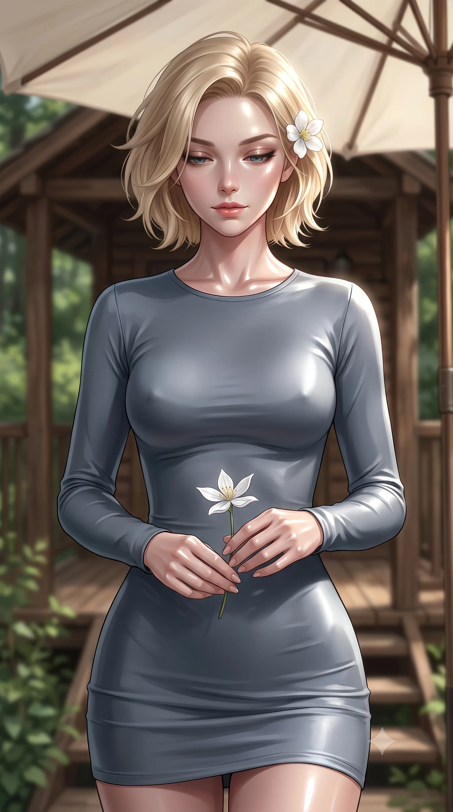 score_9, masterpiece, best quality, ultra-detailed, high-budget anime keyframe, editorial fashion photography, tasteful artistic composition, Caucasian woman. close-up cowboy shot from the waist and thighs up, the character dominates the composition, filling the frame with her large presence, background elements kept in soft focus. looking down at the camera beneath lowered lashes with a quiet, alluring confidence set against a soft-focus background of on a rustic wooden veranda of a cozy forest lodge surrounded by greenery holding a delicate white flower behind her ear with a lovely, cheerful look. She has an exceptionally elegant, slender, and willowy female figure with an ultra-slim waist, a gracefully sculpted slender torso, and a refined silhouette. sharp v-shaped jawline, high-bridge nose, intricate jewel-like eyes with depth, thick eyelashes, glossy lips with a natural sheen. wearing tailored body-hugging long-sleeve silk dress in slate grey, following her form elegantly. dappled sunlight filtering through the canvas umbrella onto her skin. ultra-reflective glossy finish, specular highlights, metallic sheen, high-contrast stereoscopic depth, volumetric dynamic lighting, 2k, ultra detail, master piece, 9:16 ratio
