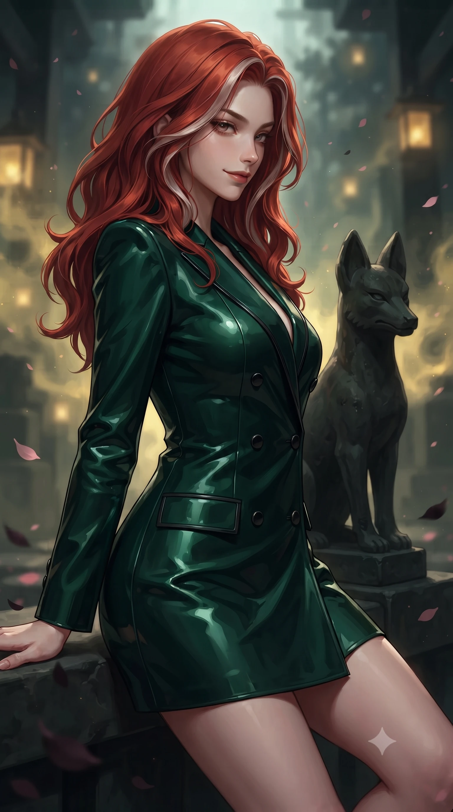 score_9, masterpiece, best quality, ultra-detailed, high-budget anime keyframe, editorial fashion photography, tasteful artistic composition, Caucasian woman. close-up cowboy shot from the waist and thighs up, the character dominates the composition, filling the frame with her large presence, background elements kept in soft focus. Glancing sidelong over her shoulder with a smoldering, enigmatic half-smile, resting near a dark stone fox statue illuminated by floating spirit lanterns, black sakura petals floating gracefully down into dark shadow puddles. She has an exceptionally elegant, slender, and willowy female figure with an ultra-slim waist, a gracefully sculpted slender torso, and a refined silhouette. sharp v-shaped jawline, high-bridge nose, intricate jewel-like eyes with depth, thick eyelashes, glossy lips with a natural sheen. wearing tailored double-breasted obsidian blazer dress in deep emerald green, made of high-gloss liquid vinyl, adorned with minimalist black onyx hardware framing the silhouette, highlighting her statuesque proportions and ultra-slim waistline. bathed in eerie gold mist glow and deep dark shadow silhouettes. ultra-reflective glossy finish, specular highlights, metallic sheen, high-contrast stereoscopic depth, volumetric dynamic lighting, 2k, ultra detail, master piece, 9:16 ratio