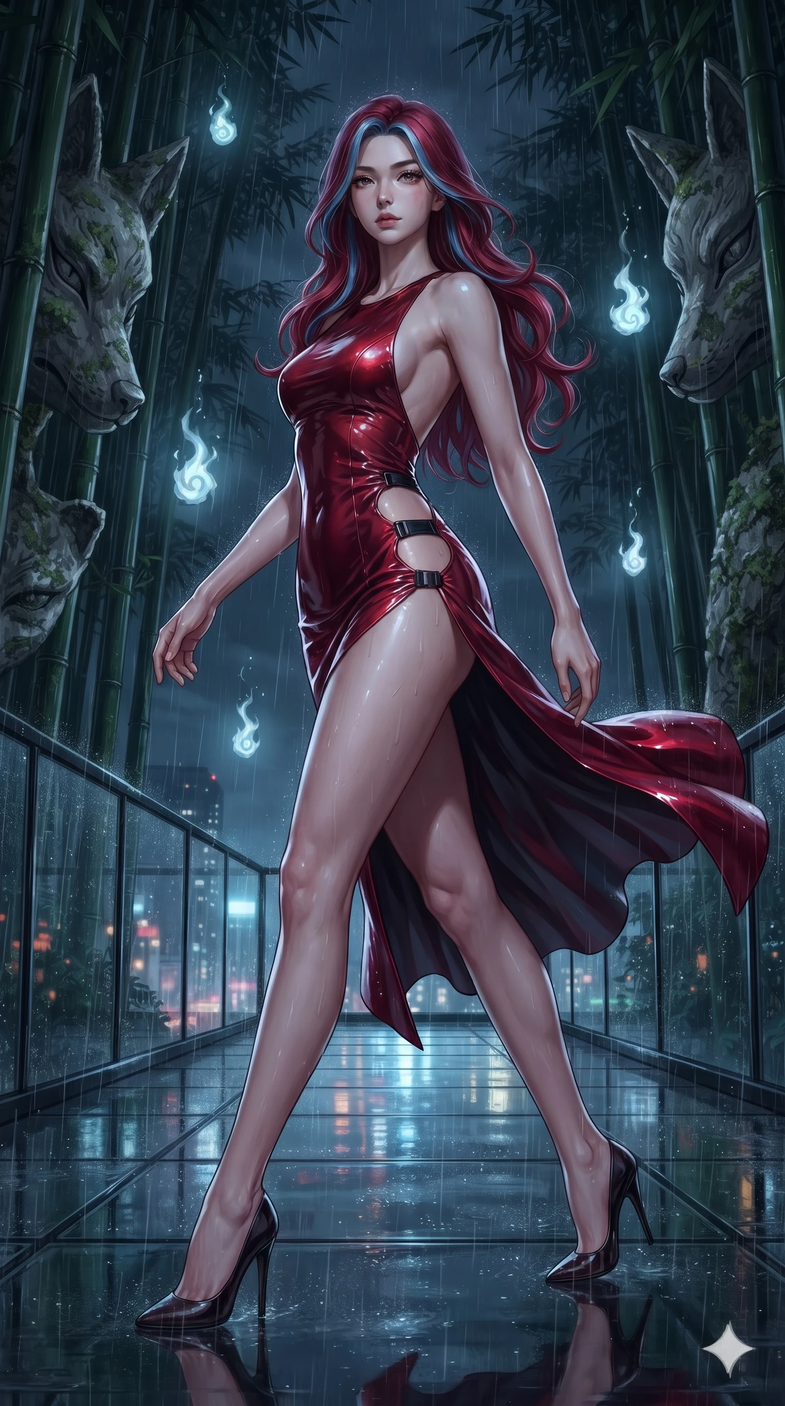 score_9, masterpiece, best quality, ultra-detailed, high-budget anime keyframe, editorial fashion photography, tasteful artistic composition, Caucasian woman. low angle full-body shot from head to toe showing her feet, filling the entire 9:16 vertical frame with her statuesque presence, stretching her vertical silhouette. striding across the rain-swept glass terrace, nocturnal breezes whipping her garments open to accentuate her long slender legs and curvy hips while twisting her slender torso in an alluring S-curve among towering black bamboo groves, floating spirit lights dancing across her curves. The surrounding environment is rendered in vivid detail and crisp panoramic clarity: sharp carved stone fox facial contours, green lichen textures, and slender black bamboo node rings in deep focus. She has an absolutely perfect, statuesque 8.5-heads proportion, an exceptionally tall and slender model-like female figure with impossibly long slender legs, an ultra-slim waist, a flat toned midriff, narrow delicate ribcage, and beautifully sculpted feminine hips creating a graceful, slim hourglass silhouette without any bulky heaviness. sharp v-shaped jawline, high-bridge nose, intricate jewel-like dark sparkling eyes with hypnotic seductive depth, thick curled eyelashes, glossy parted lips with a natural wine sheen, alluring bedroom-eyes with an enigmatic smoldering smile, exuding magnetic sovereign charisma and dark avant-garde glamour, flawlessly proportioned anatomical accuracy, strict slender model proportions, natural body alignment, perfectly sculpted long slender limbs, ultra-slim waistline, clean dynamic posture without body distortion. wearing a liquid-look wet vinyl micro-mini dress clinging like a second skin with hip-high side cutouts in crimson laser red and cold midnight shadow tones, woven from bespoke high-density barathea wool with refined ceremonial hold, adorned with minimalist black onyx hardware framing the silhouette, the precision-cut side openings and low-back scoop framing her graceful spine and the sensual sweep of her slim, toned hips. surrounded by a mysterious dark spiritual aura with sharp edge lighting and pale blue floating spirit fires. ultra-reflective glossy finish, specular highlights, metallic sheen, high-contrast stereoscopic depth, volumetric dynamic lighting, 2k, ultra detail, master piece, 9:16 ratio