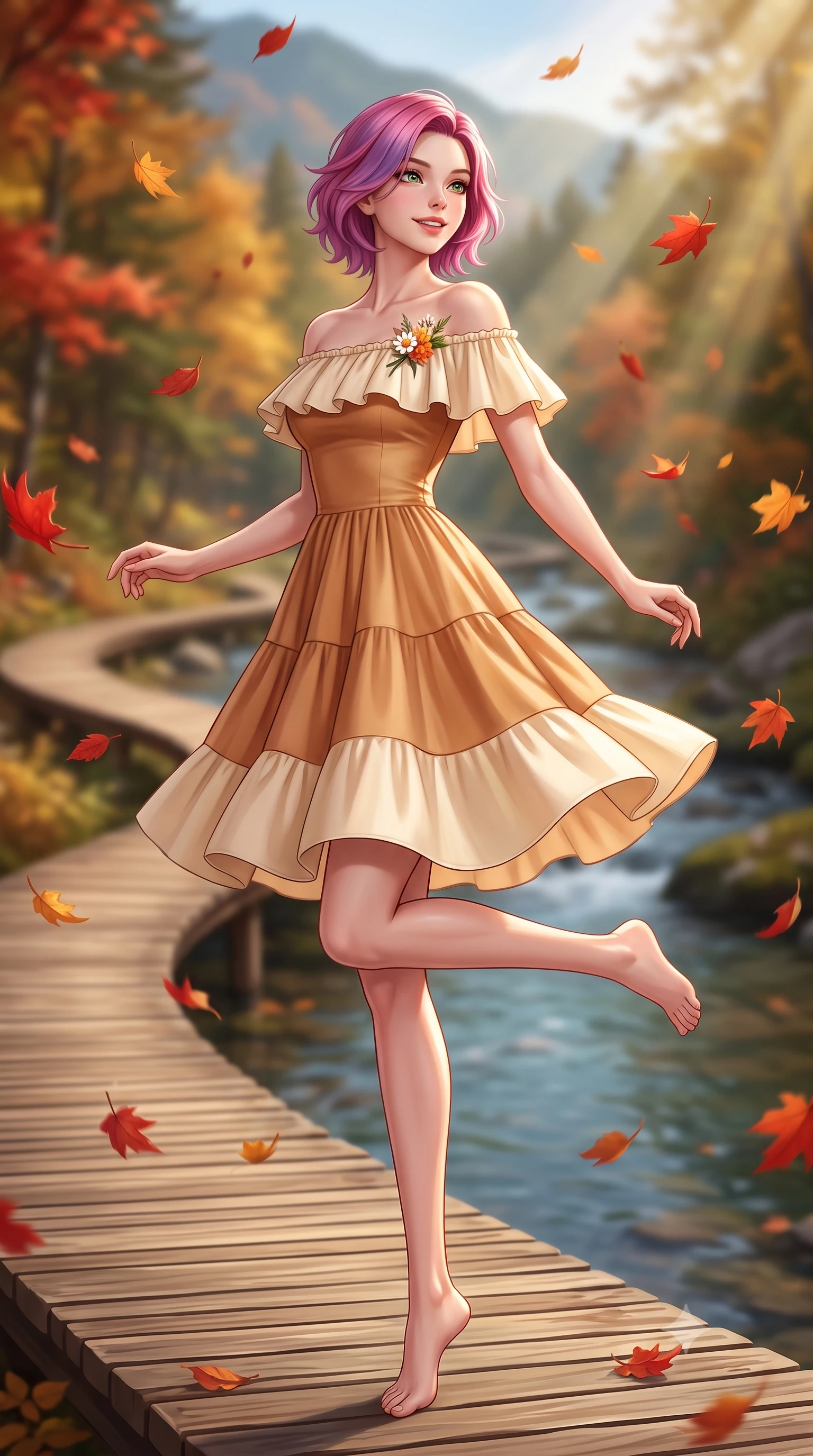 score_9, masterpiece, best quality, ultra-detailed, high-budget anime keyframe, semi-realistic 3D game render, editorial fashion photography, tasteful artistic composition, Caucasian woman. low angle full-body shot from head to toe showing her feet, filling the entire 9:16 vertical frame with her statuesque presence, stretching her vertical silhouette. standing poised on one leg with a playful hop and joyful expression, her long legs and slender figure highlighted against the landscape while turning gracefully as falling scarlet and amber leaves swirl playfully around her tall, slender silhouette. The composition keeps background elements in soft focus with creamy bokeh. curving wooden boardwalks and tranquil mountain streams softened by warm shallow depth of field. She has an absolutely perfect, statuesque 8.5-heads proportion, an exceptionally tall and slender model-like female figure with impossibly long slender legs, a toned flat midriff, and an ultra-slim waist. sharp v-shaped jawline, high-bridge nose, intricate jewel-like eyes with depth, thick eyelashes, glossy lips with a natural sheen, pure and lovely fresh girlhood expression, flawlessly proportioned anatomical accuracy, strict slender model proportions, natural body alignment, perfectly sculpted long slender limbs, ultra-slim waistline, clean dynamic posture without body distortion. wearing a graceful off-shoulder cotton sundress with a ruffled neckline and tiered A-line skirt in warm caramel and cream vanilla, crafted from smooth fluid silk satin with a natural gentle sheen, complemented by a delicate wildflower corsage pinned to the lapel, the body-hugging lightweight knit clinging delicately to her slender torso, accentuating her graceful neck and feminine lines. illuminated by crisp directional sunbeams accentuating her slender waistline and cozy layered outfit. highly saturated vibrant anime colors, detailed shading with soft gradients, rich glossy textures, high-contrast stereoscopic depth, volumetric dynamic lighting, master piece, 9:16 ratio