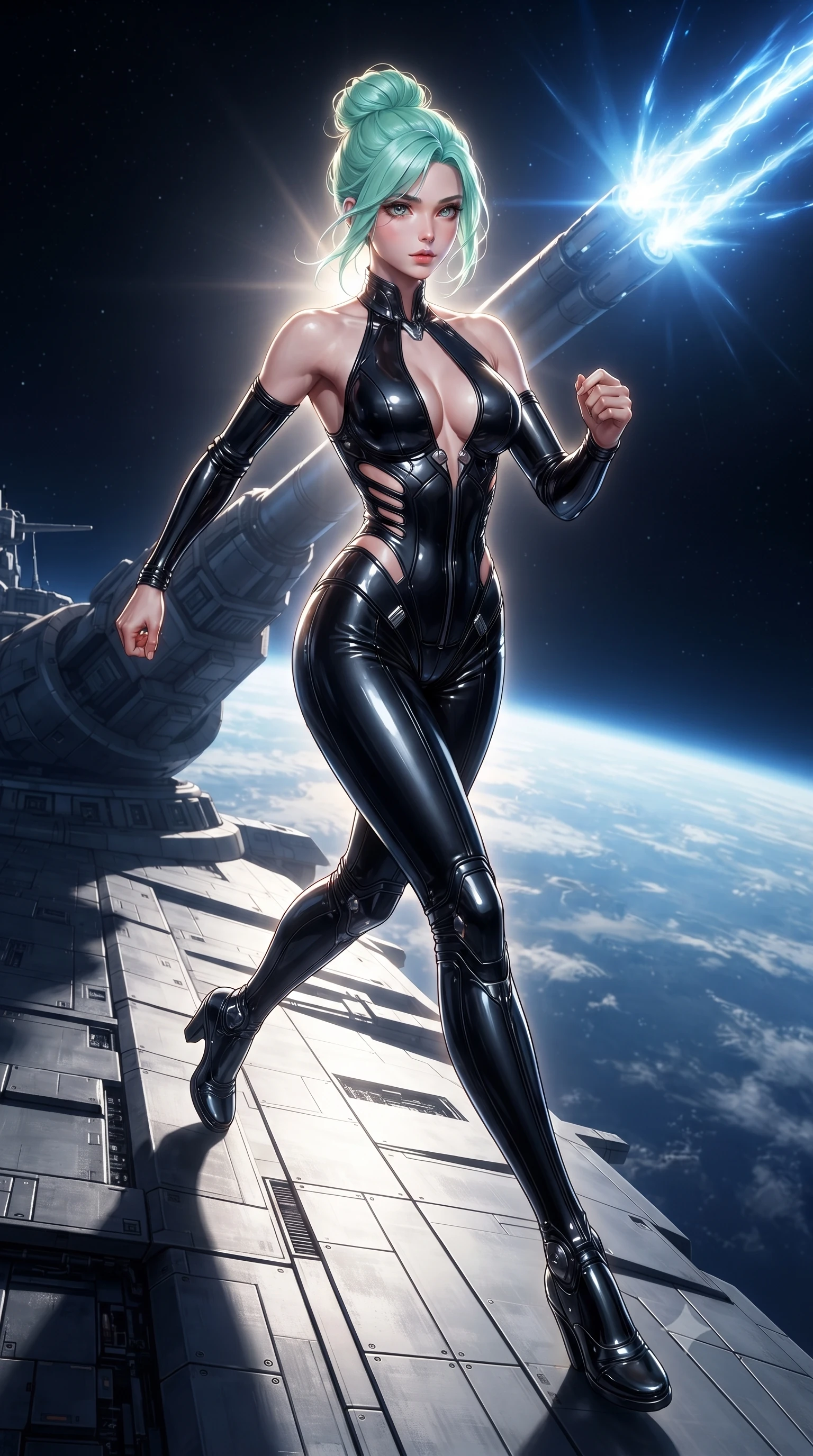 score_9, masterpiece, best quality, ultra-detailed, high-budget anime keyframe, editorial fashion photography, tasteful artistic composition, realistic cosplay photography, Japanese woman. low angle full-body shot from head to toe showing her feet, filling the entire 9:16 vertical frame with her statuesque presence, stretching her vertical silhouette. running along the outer hull of a giant starship in zero gravity, magnetic boots clinging to beside a massive orbital defense cannon, firing blue energy pulses into the upper atmosphere. She has a statuesque 8.5-heads proportion, an exceptionally tall, slender and willowy model-like build with impossibly long legs and a highly sculpted ultra-slim waist. sharp v-shaped jawline, high-bridge nose, intricate jewel-like eyes with depth, thick eyelashes, glossy lips with a natural sheen. wearing tailored for maximum mobility, sleek form-contouring panels that allow fluid movement, a body-hugging sleek cybernetic catsuit in black leather, featuring side cutouts along the ribcage and a plunging halter neck. dramatic backlight creating a radiant halo effect around her entire silhouette. ultra-reflective glossy finish, specular highlights, metallic sheen, high-contrast stereoscopic depth, volumetric dynamic lighting, 2k, ultra detail, master piece, 9:16 ratio