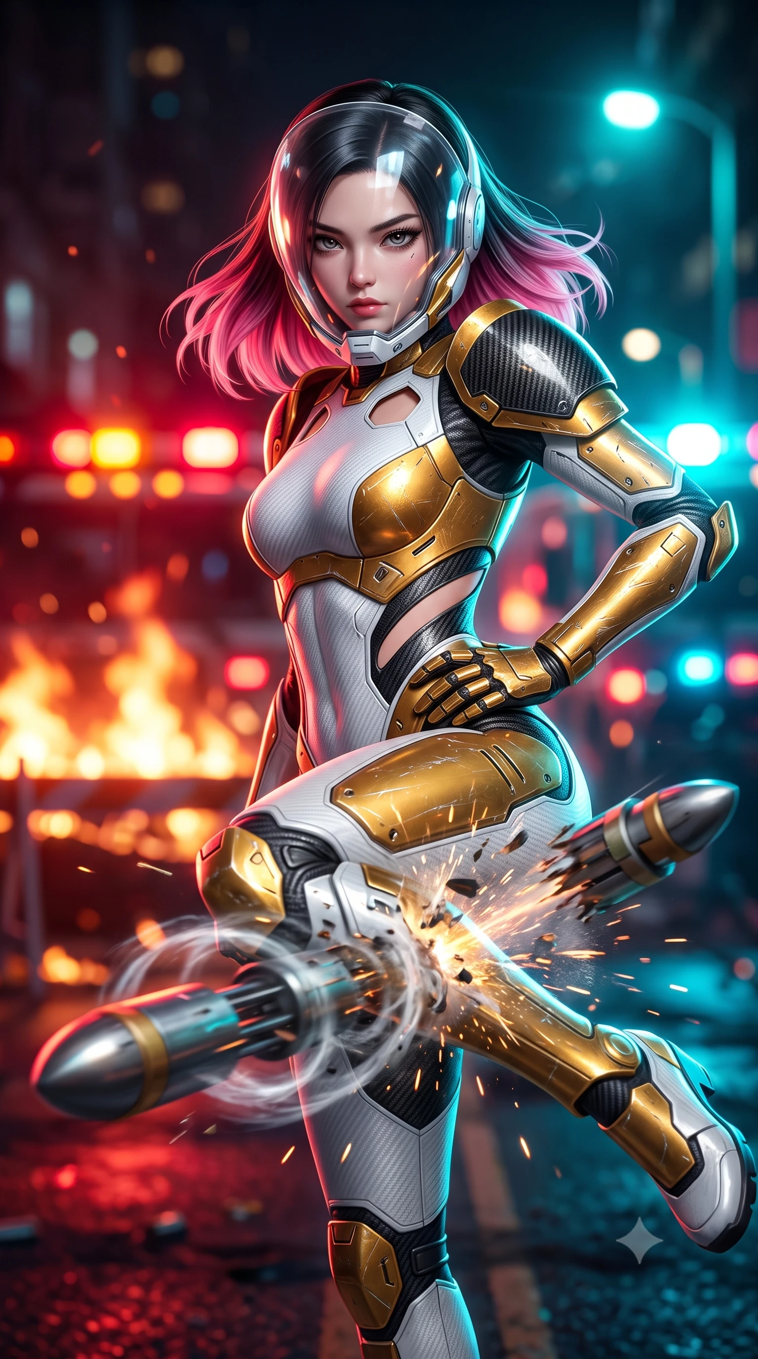 score_9, masterpiece, best quality, ultra-detailed, high-budget anime keyframe, semi-realistic 3D game render, editorial fashion photography, tasteful artistic composition, Korean woman. close-up cowboy shot from the waist and thighs up, the character dominates the composition, filling the frame with her large presence. resting one armored hand on her hip while glancing over her shoulder with thick eyelashes and an indomitable, smoldering combat gaze while delivering a sweeping roundhouse kick that deflects an incoming kinetic projectile with thunderous impact. The composition keeps background elements in soft focus with creamy bokeh. blazing barricade fires and flashing police barricade strobe lights blurred into dazzling crimson, amber, and electric cyan bokeh. She has an exceptionally elegant, slender, and willowy female figure with an ultra-slim waist, a gracefully sculpted slender torso, toned flat midriff, and a refined slim silhouette. sharp v-shaped jawline, high-bridge nose, intricate jewel-like eyes with depth, thick eyelashes, glossy lips with a natural sheen, fierce and resolute heroine expression, flawlessly proportioned anatomical accuracy, strict slender model proportions, natural body alignment, perfectly sculpted long slender limbs, ultra-slim waistline, clean dynamic posture without body distortion. wearing a crystal-clear transparent armored riot-visor helmet showing her entire beautiful face and determined expression with pristine clarity, paired with a form-contouring high-mobility battle-suit featuring sculpted carbon chest plating, diagonal midriff ventilation cutouts, and kinetic knee vambraces in arctic white carbon composite with scratched solar gold armor plating, crafted from ultra-strong woven carbon-fiber composite with battle-tested satin luster, finished with high-mobility flexible armor articulation seams and miniature magnetic locks, the precision-cut daring openings accentuating her delicate midriff, graceful bare collarbones, and ultra-slim feminine waistline. bathed in blazing crimson barricade fire glow and high-contrast electric cyan streetlamp rim lights. rich saturated anime colors with glowing neon highlights, detailed shading with soft gradients, rich glossy textures, high-contrast stereoscopic depth, volumetric dynamic lighting, master piece, 9:16 ratio