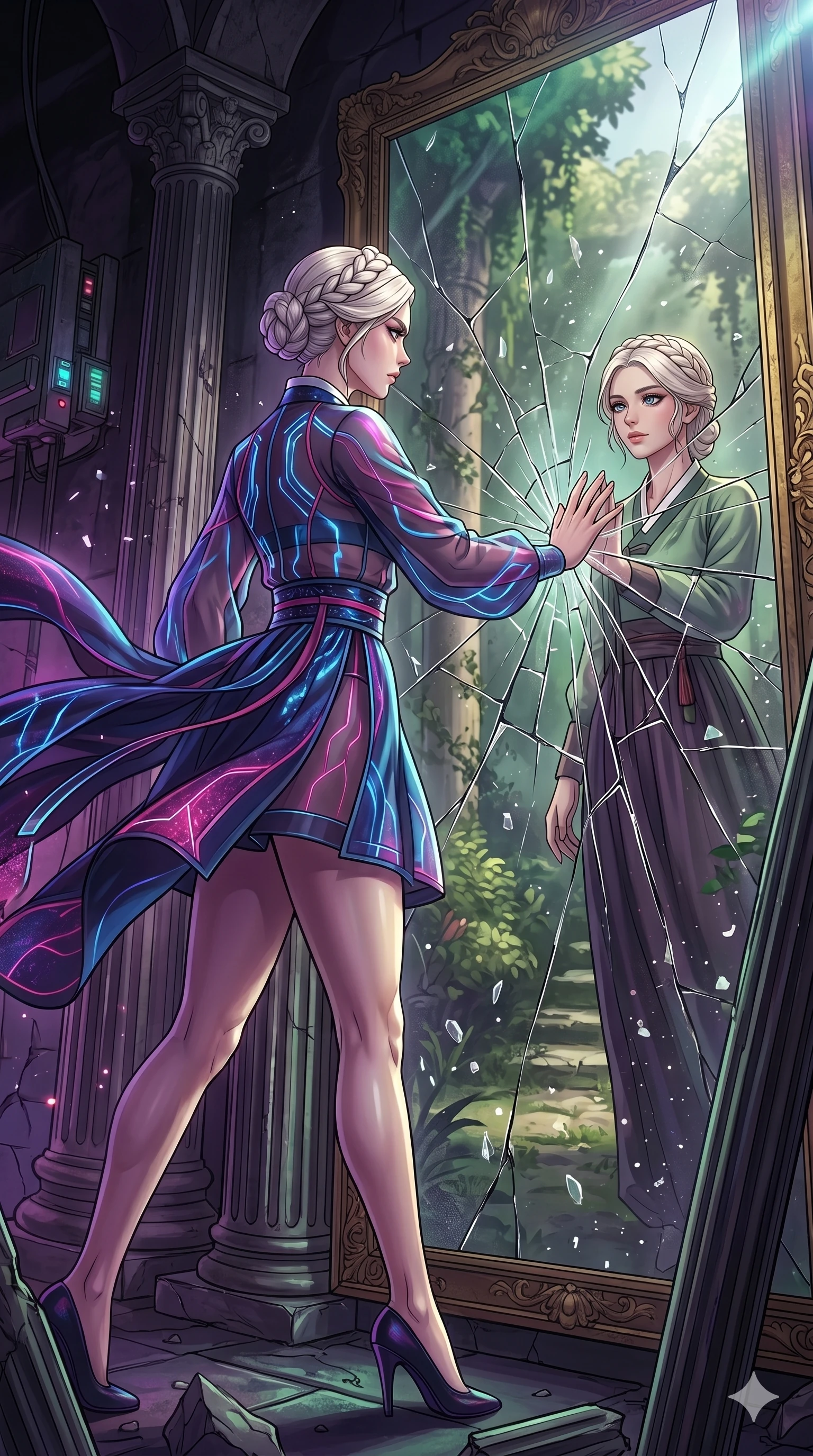 score_9, masterpiece, best quality, ultra-detailed, high-budget anime movie keyframe, cinematic anime lighting, intricate line art, Caucasian (strictly human ears) woman. Low angle cowboy shot capturing a powerful motion and statuesque presence. staring at her own reflection in a cracked mirror as it shows a different life. She has an absolutely perfect 8-heads proportion, an exceptionally tall and slender female figure with graceful and slender proportions. strictly human anatomy, two legs only, no extra limbs, clearly defined legs and arms, perfect anatomy, perfect hands and fingers. sharp v-shaped jawline, high-bridge nose, intricate jewel-like eyes, thick eyelashes, glossy lips. Wearing Modern Traditional: Shortened cyber-hanbok with fusion silk robes and transparent panels. The scene is illuminated by dramatic atmospheric lighting and vibrant color palettes. , 2k, ultra detail, master piece, 9:16 ratio