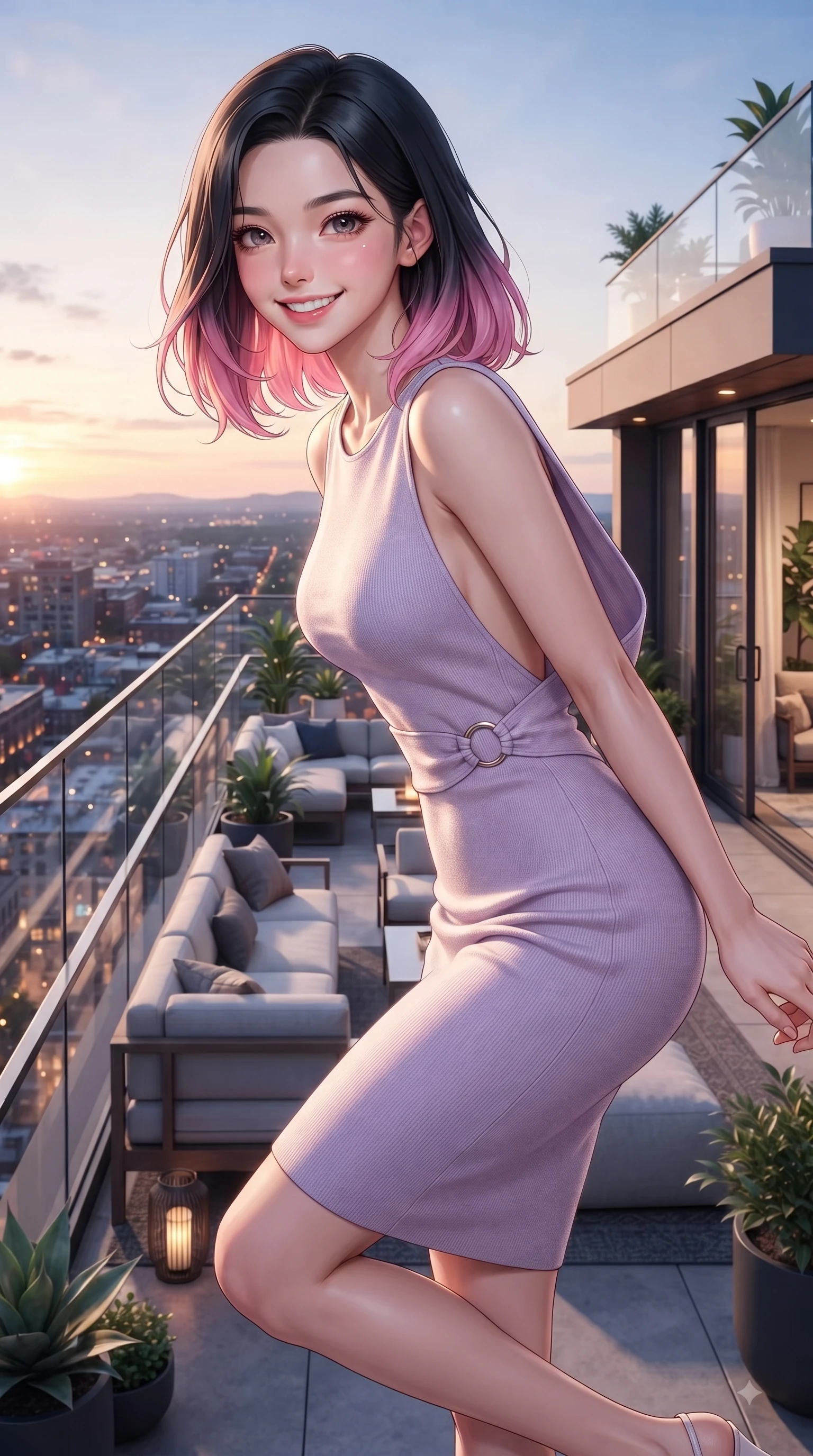 score_9, masterpiece, best quality, ultra-detailed, high-budget anime keyframe, editorial fashion photography, tasteful artistic composition, Korean woman. close-up cowboy shot from the waist and thighs up, the character dominates the composition, filling the frame with her large presence. Cheerful beaming smile with sparkling eyes and a fresh girlhood aura, leaning forward with playful grace while stepping gracefully onto an open-air rooftop terrace as sunset city lights twinkle below. The surrounding environment is rendered in vivid detail and crisp panoramic clarity. vibrant city lights and stylish terrace lounge decor captured with environmental precision. She has an exceptionally elegant, slender, and willowy female figure with an ultra-slim waist, a gracefully sculpted slender torso, and a refined silhouette. sharp v-shaped jawline, high-bridge nose, intricate jewel-like eyes with depth, thick eyelashes, glossy lips with a natural sheen, flawlessly proportioned anatomical accuracy, natural body alignment, perfectly sculpted elegant limbs, clean dynamic posture without body distortion. wearing a precision-fitted bodycon dress with a graceful open draped back in soft lavender violet and pearl white, knitted from soft cozy cashmere yarn, accented with subtle metallic ring hardware framing her waist, the sleek second-skin texture accentuating her magnetic presence. illuminated by crisp specular highlights and clear rim lighting. ultra-reflective glossy finish, specular highlights, metallic sheen, high-contrast stereoscopic depth, volumetric dynamic lighting, 2k, ultra detail, master piece, 9:16 ratio