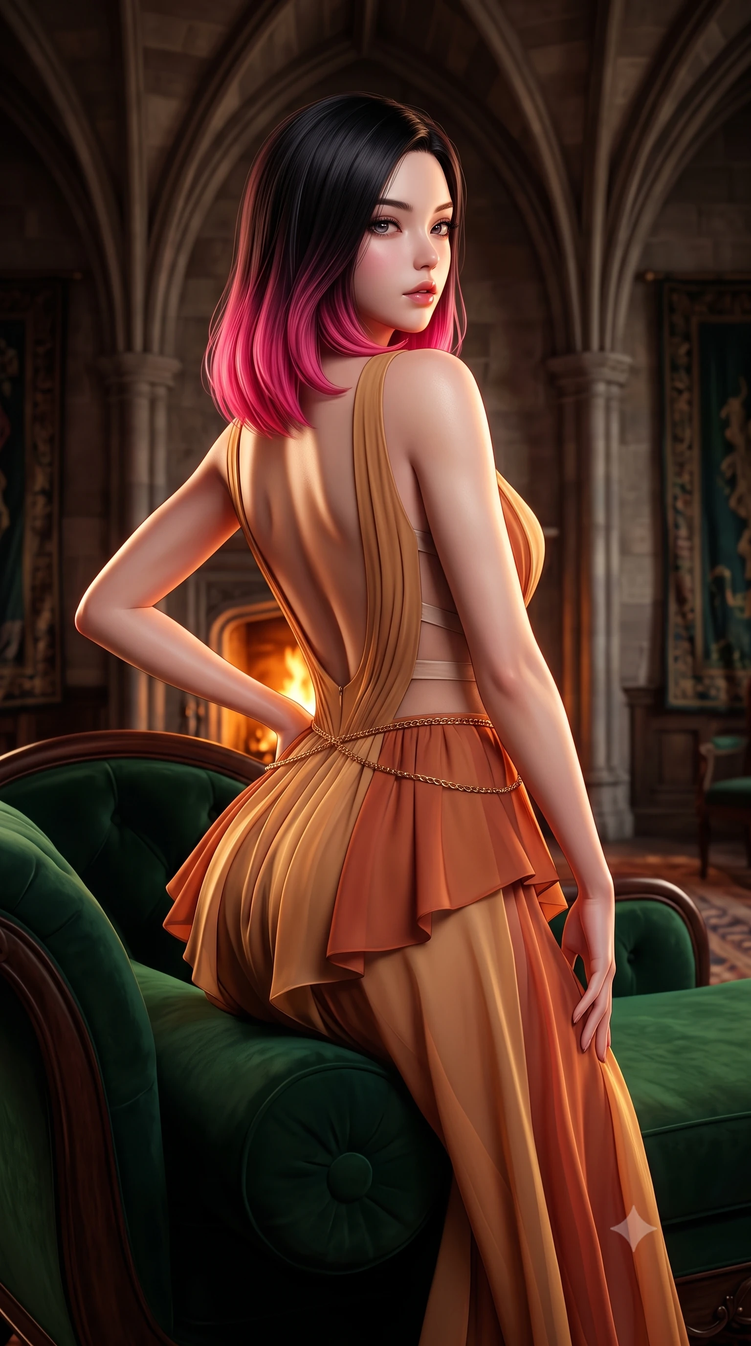 score_9, masterpiece, best quality, ultra-detailed, high-budget anime keyframe, semi-realistic 3D game render, editorial fashion photography, tasteful artistic composition, Korean woman. close-up cowboy shot from the waist and thighs up, the character dominates the composition, filling the frame with her large presence. posing in an alluring rear three-quarter angle, arching her lower back in a pronounced S-curve with one hand on her hip, glancing seductively over her bare shoulder with parted glossy lips while reclining across a deep emerald velvet chaise lounge propped on one elbow, her slender waist and curved hips sculpted by warm hearth fire chiaroscuro. The composition keeps background elements in soft focus with creamy bokeh. towering gothic stone rib vaults and heavy velvet tapestries softened in moody shallow focus. She has an exceptionally elegant, slender, and willowy female figure with an ultra-slim waist, flat toned midriff, narrow ribcage, and sculpted feminine hips creating an alluring, slim hourglass silhouette without bulk. sharp v-shaped jawline, high-bridge nose, intricate jewel-like eyes with depth, thick eyelashes, glossy parted lips with a natural sheen, intensely captivating and seductive bedroom-eyes expression, flawlessly proportioned anatomical accuracy, strict slender model proportions, natural body alignment, perfectly sculpted long slender limbs, ultra-slim waistline, clean dynamic posture without body distortion. wearing a structural geometric peplum gown with sheer side-ribbon cutouts and form-fitting skirt in desert terracotta copper and sun-baked sand gold, woven from layered gossamer chiffon with a weightless sweeping drape, accented with a delicate gold chain belt resting loosely on her curvy hips, the precision-cut side openings and low-back scoop framing her graceful spine and the sensual sweep of her slim, toned hips. surrounded by an aristocratic, untamed, and dangerously captivating Scottish highland duchess aura. highly saturated vibrant anime colors, detailed shading with soft gradients, rich glossy textures, high-contrast stereoscopic depth, volumetric dynamic lighting, master piece, 9:16 ratio