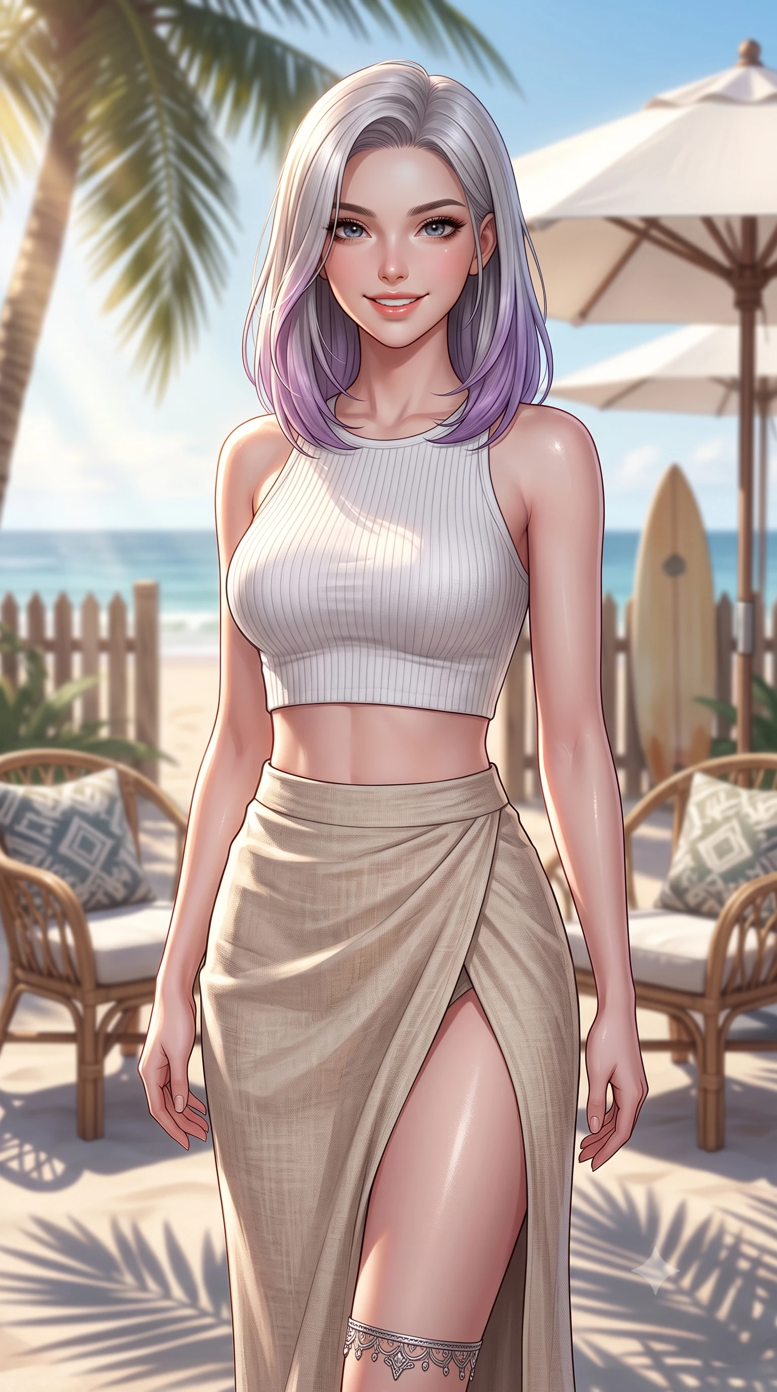 score_9, masterpiece, best quality, ultra-detailed, high-budget anime keyframe, editorial fashion photography, tasteful artistic composition, Caucasian woman. close-up cowboy shot from the waist and thighs up, the character dominates the composition, filling the frame with her large presence, background elements kept in soft focus. smiling with cute and bright self-assurance, looking directly at the viewer set against a soft-focus background of on a sunny beach patio with rattan chairs and white umbrellas with a surfboard resting against a wooden fence in soft focus behind her. She has an exceptionally elegant, slender, and willowy female figure with an ultra-slim waist, a gracefully sculpted slender torso, and a refined silhouette. sharp v-shaped jawline, high-bridge nose, intricate jewel-like eyes with depth, thick eyelashes, glossy lips with a natural sheen. wearing body-hugging stylish crop top paired with a high-slit linen wrap skirt. soft late afternoon sunbeams casting long shadows of palm leaves on the sand. ultra-reflective glossy finish, specular highlights, metallic sheen, high-contrast stereoscopic depth, volumetric dynamic lighting, 2k, ultra detail, master piece, 9:16 ratio