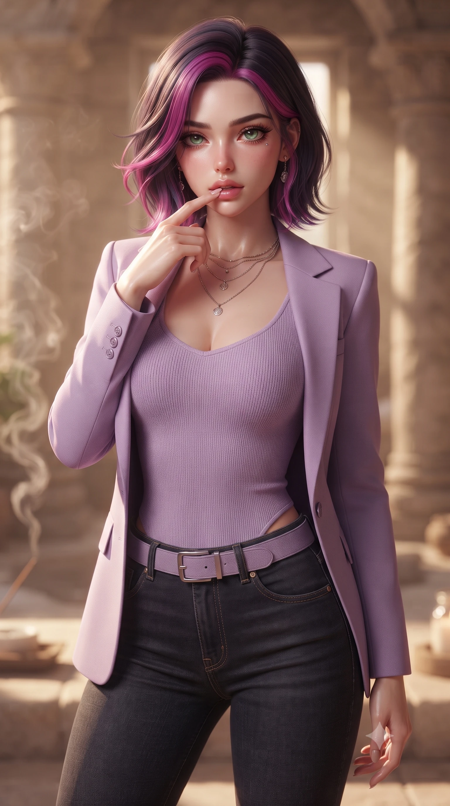 score_9, masterpiece, best quality, ultra-detailed, high-budget anime keyframe, editorial fashion photography, tasteful artistic composition, Caucasian woman. close-up cowboy shot from the waist and thighs up, the character dominates the composition, filling the frame with her large presence, background elements kept in soft focus. pressing one finger to her bottom lip in a thoughtful, seductive gesture under the warm sun the background shows a soft-focus a high-end spa suite room with stone pillars and soft floral incense smoke. She has an exceptionally elegant, slender, and willowy female figure with an ultra-slim waist, a gracefully sculpted slender torso, and a refined silhouette. sharp v-shaped jawline, high-bridge nose, intricate jewel-like eyes with depth, thick eyelashes, glossy lips with a natural sheen. wearing a form-contouring tight-fitting lavender knit bodysuit worn under a tailored open blazer and jeans. low-contrast, soft warm ambient uplight casting a peaceful glow. ultra-reflective glossy finish, specular highlights, metallic sheen, high-contrast stereoscopic depth, volumetric dynamic lighting, 2k, ultra detail, master piece, 9:16 ratio