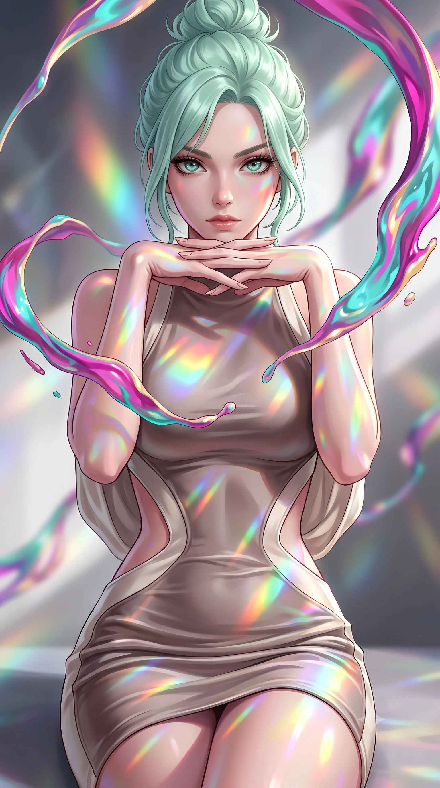 score_9, masterpiece, best quality, ultra-detailed, high-budget anime keyframe, editorial fashion photography, tasteful artistic composition, Japanese woman. close-up cowboy shot from the waist and thighs up, the character dominates the composition, filling the frame with her large presence, background elements kept in soft focus. Resting her chin on the backs of her fingers, casting a sharp, mysterious gaze guiding viscous opal paint ribbons hovering gracefully in mid-air, swirling ribbons of magenta, turquoise, and gold liquid paint in zero-gravity. She has an exceptionally elegant, slender, and willowy female figure with an ultra-slim waist, a gracefully sculpted slender torso, and a refined silhouette. sharp v-shaped jawline, high-bridge nose, intricate jewel-like eyes with depth, thick eyelashes, glossy lips with a natural sheen. wearing a precision-fitted liquid jersey bodycon dress with a draped back in muted taupe and soft ivory, made of premium stretch velvet with a rich sheen, featuring clean architectural cutouts along her slender torso, the tailored fabric tightly following every curve of her athletic build. illuminated by brilliant multi-color rainbow light refracting through glass. highly saturated vibrant anime colors, detailed shading with soft gradients, rich glossy textures, high-contrast stereoscopic depth, volumetric dynamic lighting, master piece, 9:16 ratio