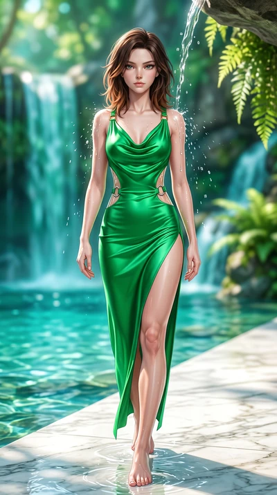 score_9, masterpiece, best quality, ultra-detailed, high-budget anime keyframe, semi-realistic 3D game render, editorial fashion photography, tasteful artistic composition, Korean woman. low angle full-body shot from head to toe showing her feet, fil