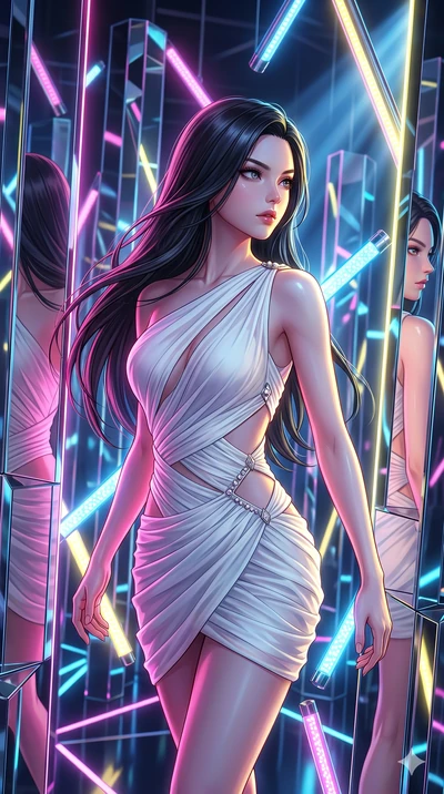score_9, masterpiece, best quality, ultra-detailed, high-budget anime keyframe, Japanese woman. upper body close-up from the thighs up, character filling the screen for maximum presence. navigating a kinetic light-sculpture mirror maze, passing betwe