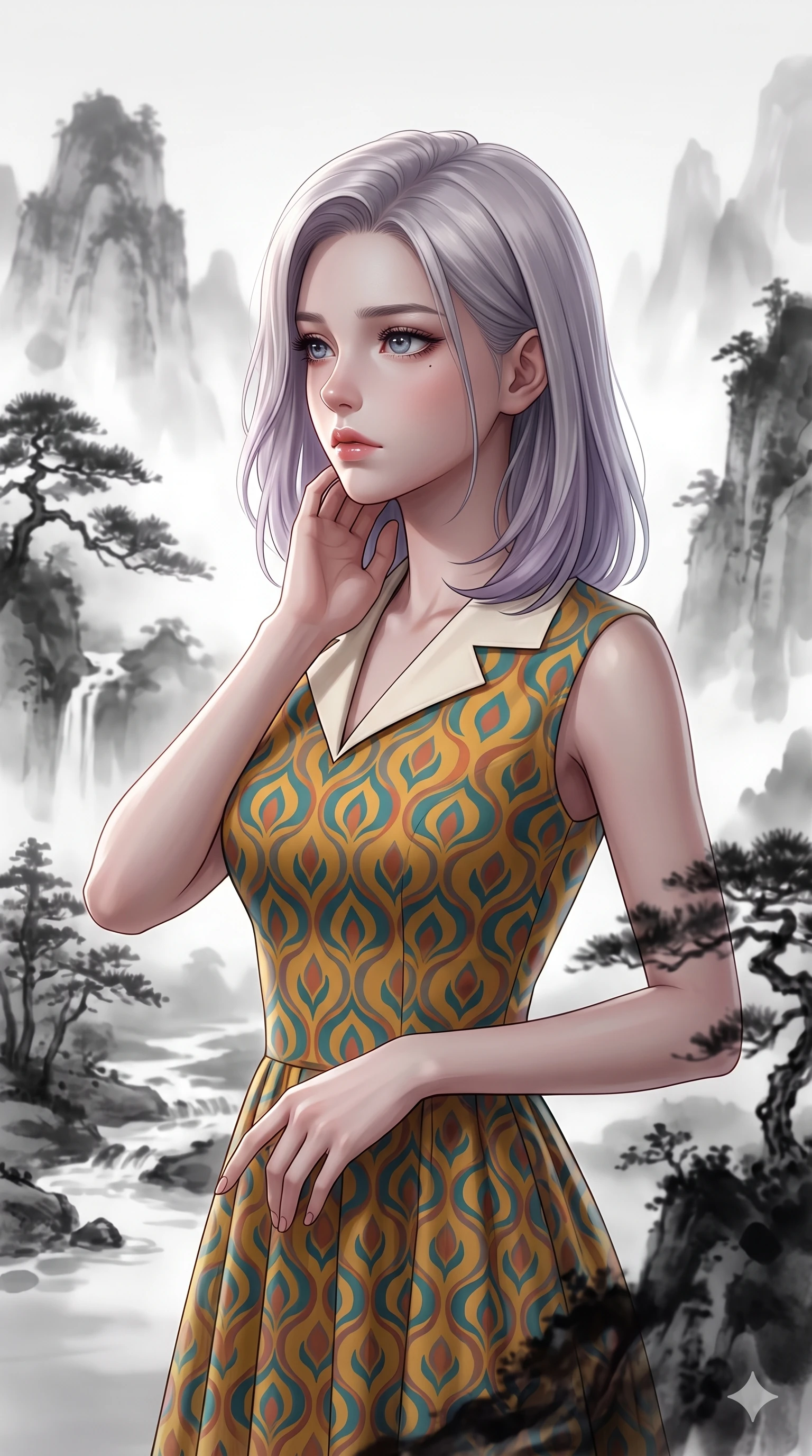 score_9, masterpiece, best quality, ultra-detailed, high-budget anime keyframe, editorial fashion photography, tasteful artistic composition, Caucasian woman, strictly human ears. close-up cowboy shot from the waist and thighs up, the character dominates the composition, filling the frame with her large presence, background elements kept in soft focus. Gazing into the distance with a wistful melancholic expression and softly glowing eyes. set against a soft-focus background of suspended inside a three-dimensional Chinese ink wash painting where misty monochrome mountains streams and pine trees float in mid-air rendered in translucent gradations of black ink. She has an exceptionally elegant and slender, willowy female figure with an ultra-slim waist, a gracefully sculpted slender torso, and a refined slim physique. sharp v-shaped jawline, high-bridge nose, intricate jewel-like eyes with depth, thick eyelashes, glossy lips with a natural sheen. wearing a vintage-inspired tea-length dress in a vibrant retro pattern of mustard, teal, and terracotta, featuring a neat cream collar. ethereal soft white light diffusing through the ink mist creating depth through graduated tonal values from deep black to luminous white. 2k, ultra detail, master piece, 9:16 ratio