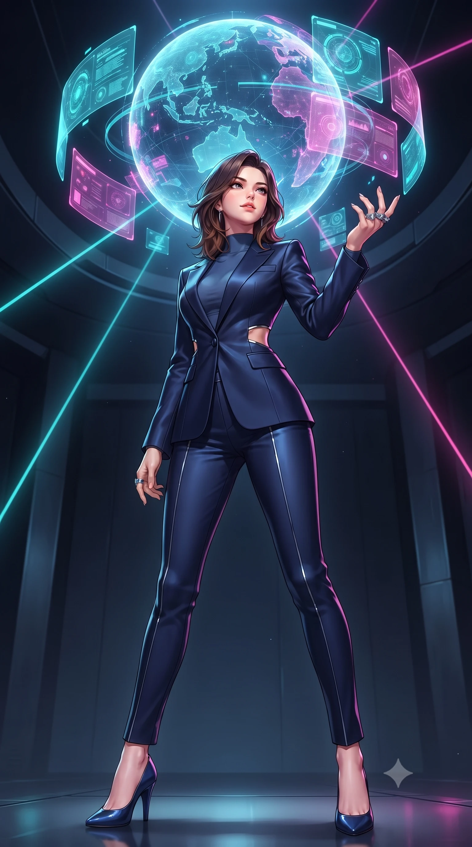 score_9, masterpiece, best quality, ultra-detailed, high-budget anime keyframe, editorial fashion photography, tasteful artistic composition, Korean woman. low angle full-body shot from head to toe showing her feet, filling the entire 9:16 vertical frame with her statuesque presence, stretching her vertical silhouette. interacting gracefully with the magical floating elements while maintaining a confident posture interacting with a giant glowing holographic globe of a cybernetic planet, translucent cyan and magenta holographic panels hovering seamlessly. She has an absolutely perfect, statuesque 8.5-heads proportion, an exceptionally tall and slender model-like female figure with impossibly long slender legs and an ultra-slim waist. sharp v-shaped jawline, high-bridge nose, intricate jewel-like eyes with depth, thick eyelashes, glossy lips with a natural sheen. wearing a tailored silk blazer over a form-contouring top and fitted slacks in midnight navy blue and chrome trim, formed from sleek second-skin neoprene, featuring subtle geometric cutouts that highlight her ultra-slim midriff, the glove-like fit emphasizing her statuesque silhouette. lit by bright volumetric laser beams and soft specular highlights. highly saturated vibrant anime colors, detailed shading with soft gradients, rich glossy textures, high-contrast stereoscopic depth, volumetric dynamic lighting, master piece, 9:16 ratio