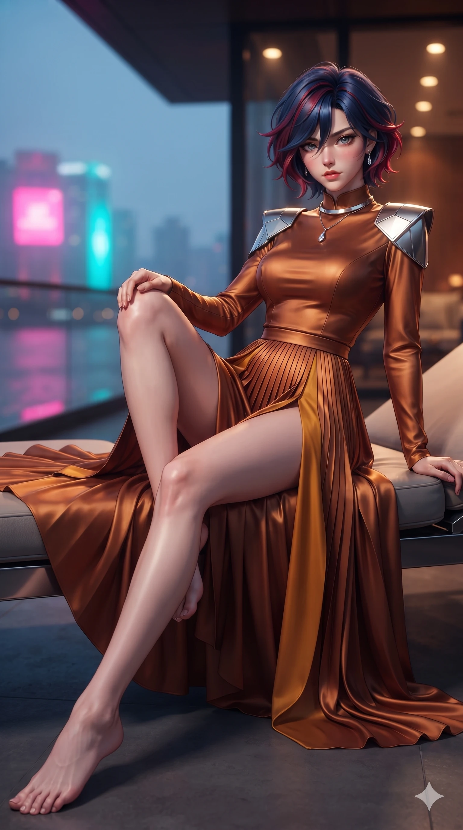 score_9, masterpiece, best quality, ultra-detailed, high-budget anime keyframe, editorial fashion photography, tasteful artistic composition, Korean woman. low angle full-body shot from head to toe showing her feet, filling the entire 9:16 vertical frame with her statuesque presence, stretching her vertical silhouette. reclining on her side in an elegant Cleopatra pose with one knee drawn up, the dramatic contour of her rounded hips and long slender legs commanding the 9:16 vertical frame while striding across the penthouse terrace as river breezes whip her high-slit dress open, accentuating her long slender legs and curvy hips. The background shows a soft-focus riverfront evening atmospheric haze softened in high-rise penthouse terrace shallow focus. She has an exceptionally tall and slender model-like 8.5-heads proportion, an ultra-slim waist, a flat toned midriff, narrow delicate ribcage, and beautifully sculpted feminine hips creating a graceful, slim hourglass silhouette without any bulky heaviness, with impossibly long slender legs. sharp v-shaped jawline, high-bridge nose, intricate jewel-like sparkling eyes with depth, thick eyelashes, glossy parted lips with a natural sheen, intensely captivating and seductive bedroom-eyes expression, exuding both youthful cute charm and sovereign luxury allure, flawlessly proportioned anatomical accuracy, strict slender model proportions, natural body alignment, perfectly sculpted long slender limbs, ultra-slim waistline, clean dynamic posture without body distortion. wearing a refined long-sleeve high-collar silk georgette diplomatic gown with structured geometric shoulder plates and pleated skirt in rich copper bronze and warm amber, tailored from heavy double-faced silk georgette with an exceptionally fluid drape, finished with a minimalist chrome choker and a single teardrop diamond pendant, the impeccably tailored cut draping gracefully along her slender figure with aristocratic poise. bathed in vibrant magenta and electric cyan river skyline reflections contrasting with warm amber interior downlights. ultra-reflective glossy finish, specular highlights, rich textural contrasts, high-contrast stereoscopic depth, volumetric dynamic lighting, 2k, ultra detail, master piece, 9:16 ratio