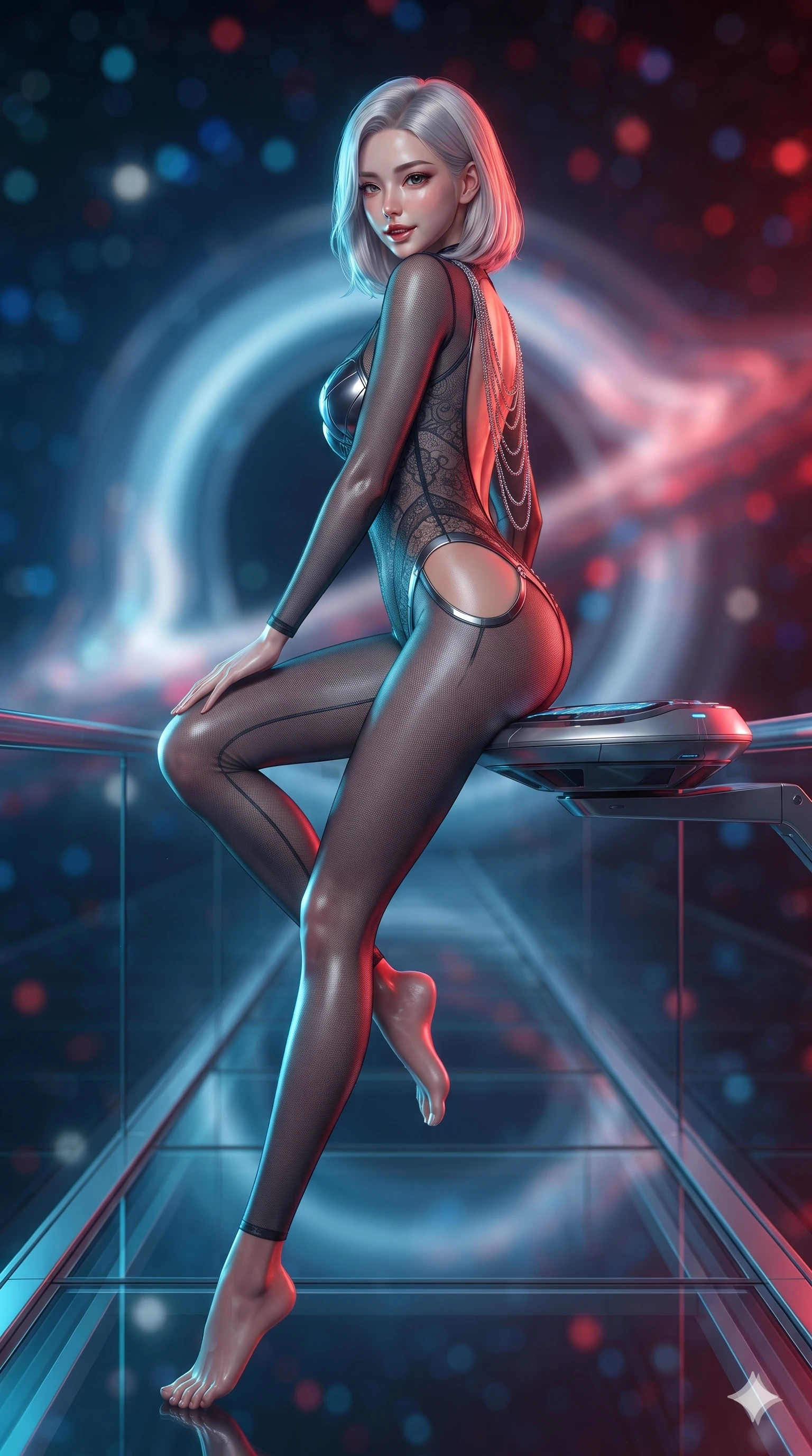 score_9, masterpiece, best quality, ultra-detailed, high-budget anime keyframe, editorial fashion photography, tasteful artistic composition, Korean woman. low angle full-body shot from head to toe showing her feet, filling the entire 9:16 vertical frame with her statuesque presence, stretching her vertical silhouette. walking slowly along the transparent glass skybridge, looking back over her shoulder with an air of effortless grace and an alluring, smoldering smile while sitting gracefully on the elevated sensor console with legs crossed, flashing an enchanting, confident smile with parted glossy lips. The background shows a soft-focus warped gravitational lensing rings, blue and crimson Doppler-shifted plasma waves, and distant star clusters blurred into sapphire, ruby, and obsidian bokeh. She has an absolutely perfect, statuesque 8.5-heads proportion, an exceptionally tall and slender model-like female figure with impossibly long slender legs, an ultra-slim waist, a flat toned midriff, narrow delicate ribcage, and beautifully sculpted feminine hips creating a graceful, slim hourglass silhouette without any bulky heaviness. sharp v-shaped jawline, high-bridge nose, intricate jewel-like sparkling eyes with depth, thick eyelashes, glossy parted lips with a natural sheen, bright confident smile with an enchanting and coquettish sensual glint, exuding both youthful magnetic charm and sovereign high-tech allure, flawlessly proportioned anatomical accuracy, strict slender model proportions, natural body alignment, perfectly sculpted long slender limbs, ultra-slim waistline, clean dynamic posture without body distortion. wearing a form-contouring semi-opaque dark mesh catsuit with carbon-plated cups and fine lace-pattern panels across her torso in charcoal grey and polished chrome, crafted from sheer technical cyber-lace reinforced with ultra-thin Kevlar threads, accented with an open-back drape framed by falling strands of delicate chrome chains, the precision-cut side openings and low-back scoop framing her graceful spine and the sensual sweep of her slim, toned hips. bathed in dramatic split relativistic lighting: blazing electric cyan on the approaching side and fiery crimson on the receding side. ultra-reflective glossy finish, specular highlights, rich textural contrasts, high-contrast stereoscopic depth, volumetric dynamic lighting, 2k, ultra detail, master piece, 9:16 ratio