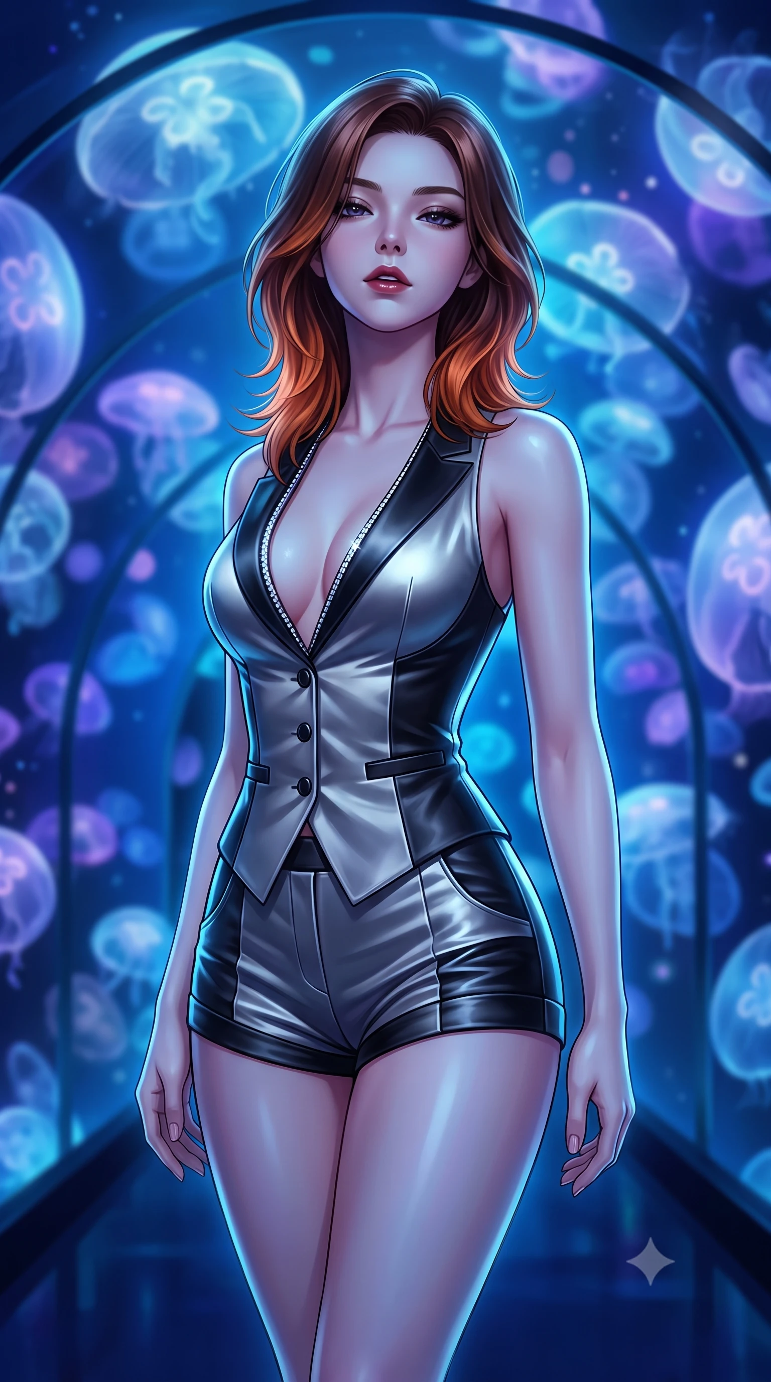 score_9, masterpiece, best quality, ultra-detailed, high-budget anime keyframe, semi-realistic 3D game render, editorial fashion photography, tasteful artistic composition, Korean woman. close-up cowboy shot from the waist and thighs up, the character dominates the composition, filling the frame with her large presence. tilting her chin up slightly with lips parted in a composed, sovereign expression, her body curving in an alluring S-line that accentuates her hip contour while standing centered within the curved acrylic tunnel as colossal translucent moon jellyfish pulse silently, arching her back with an ethereal, sovereign expression. The composition keeps background elements in soft focus with dreamy creamy bokeh. hundreds of luminous azure and violet floating jellyfish umbrellas blurred into dreamy sapphire, indigo, and ultraviolet bokeh. She has an exceptionally elegant, slender, and willowy female figure with an ultra-slim waist, flat toned midriff, narrow ribcage, and sculpted feminine hips creating an alluring, slim hourglass silhouette without bulk. sharp v-shaped jawline, high-bridge nose, intricate jewel-like dark sparkling eyes with dangerous depth, thick curled eyelashes, glossy parted lips with a rich wine sheen, smoldering seductive half-smile with bedroom-eyes, exuding effortless superiority and intoxicating dark allure, flawlessly proportioned anatomical accuracy, strict slender model proportions, natural body alignment, perfectly sculpted long slender limbs, ultra-slim waistline, clean dynamic posture without body distortion. wearing a tailored satin tuxedo vest worn closed against bare skin with high-cut tailored satin hot-pants in metallic liquid silver and pitch black, made of supple butter-soft lambskin leather with a subtle satin sheen, finished with subtle crystal rhinestones lining the plunging neckline, the form-contouring cut accentuating her sculpted flat midriff, narrow delicate ribcage, and gracefully curvy hips with sovereign high-fashion precision. bathed in deep ethereal sapphire and cyan bioluminescent ambient glow radiating from all sides. highly saturated vibrant anime colors, detailed shading with soft gradients, rich glossy textures, high-contrast stereoscopic depth, volumetric dynamic lighting, master piece, 9:16 ratio