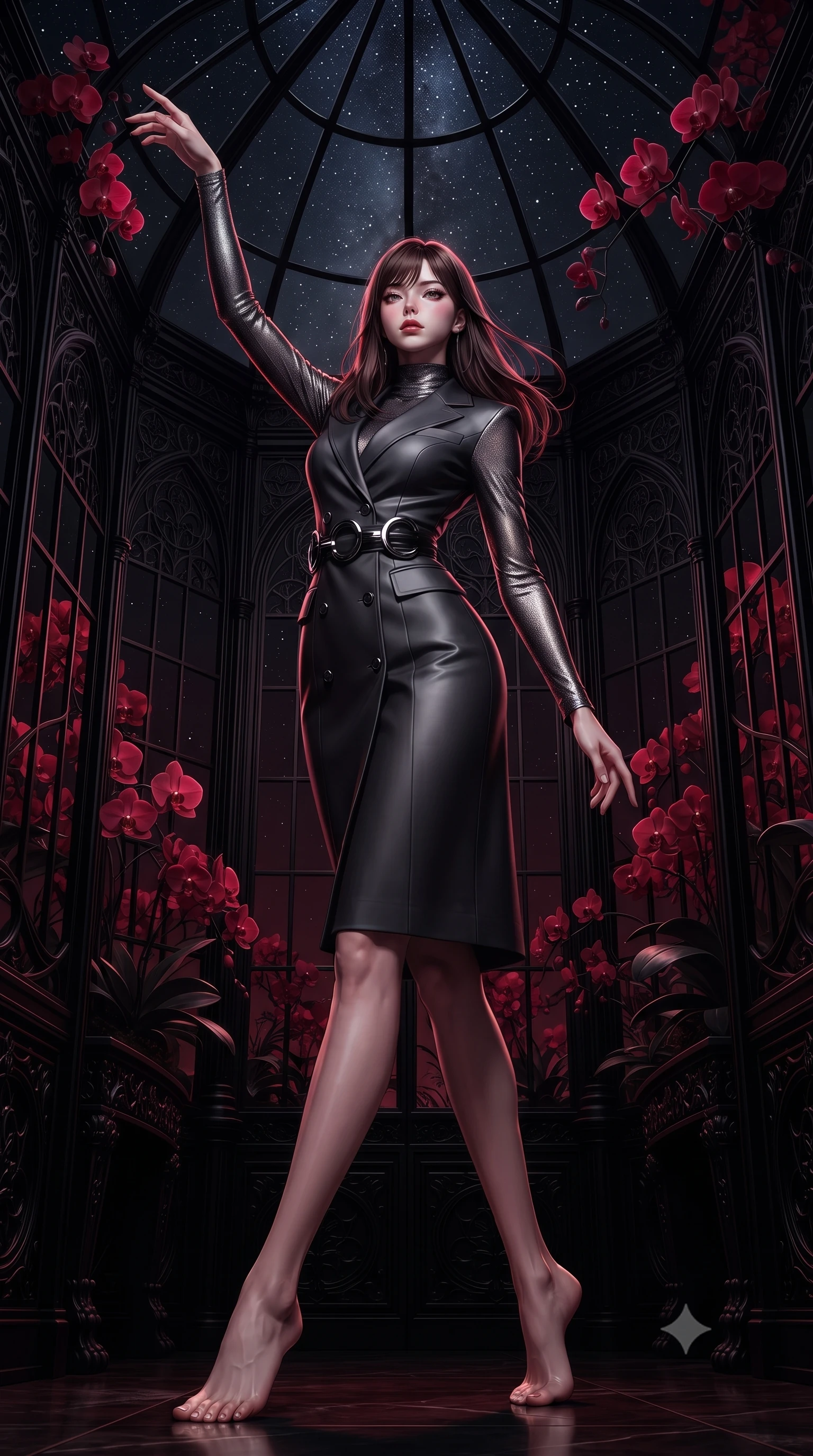 score_9, masterpiece, best quality, ultra-detailed, high-budget anime keyframe, editorial fashion photography, tasteful artistic composition, Korean woman. low angle full-body shot from head to toe showing her feet, filling the entire 9:16 vertical frame with her statuesque presence, stretching her vertical silhouette. leaping dynamically through the starry space, her posture full of power and elegance, standing in a secluded gothic conservatory filled with blooming red night orchids, black iron architectural lattices framing her tall statuesque form. She has an absolutely perfect, statuesque 8.5-heads proportion, an exceptionally tall and slender model-like female figure with impossibly long slender legs and an ultra-slim waist. sharp v-shaped jawline, high-bridge nose, intricate jewel-like eyes with depth, thick eyelashes, glossy lips with a natural sheen. wearing structured charcoal trench dress over sleek turtleneck in metallic dark silver, made of fine dark contouring mesh, accented with sculpted obsidian chrome rings at the waist, following her slender form with tailored precision. bathed in rich dark crimson tones and deep pitch-black ambient shadows. ultra-reflective glossy finish, specular highlights, metallic sheen, high-contrast stereoscopic depth, volumetric dynamic lighting, 2k, ultra detail, master piece, 9:16 ratio