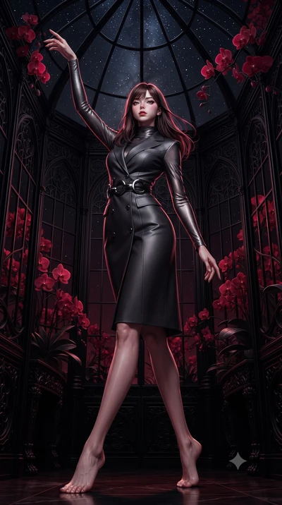 score_9, masterpiece, best quality, ultra-detailed, high-budget anime keyframe, editorial fashion photography, tasteful artistic composition, Korean woman. low angle full-body shot from head to toe showing her feet, filling the entire 9:16 vertical f