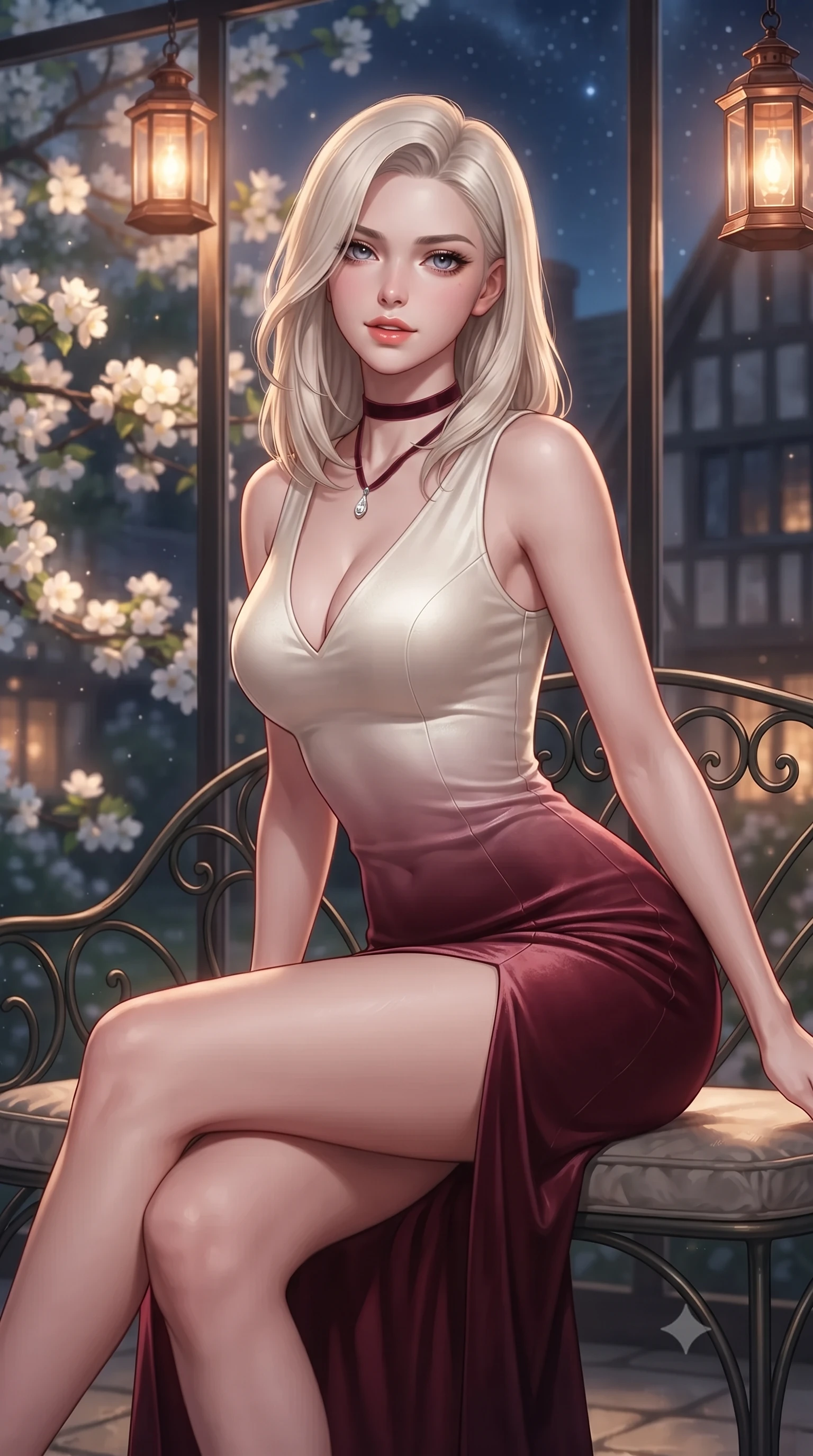 score_9, masterpiece, best quality, ultra-detailed, high-budget anime keyframe, editorial fashion photography, tasteful artistic composition, Caucasian woman. close-up cowboy shot from the waist and thighs up, the character dominates the composition, filling the frame with her large presence. leaning forward while arching her lower back to accentuate her curvy hips, looking into the camera with an intoxicating smoldering gaze and bedroom-eyes while sitting gracefully on the wrought-iron garden settee with legs crossed, flashing an enchanting smile with parted glossy lips. The background shows a soft-focus illuminated white apple blossom branches outside glass, historic half-timbered Norman manor walls, and starry night sky blurred into blush, copper, and emerald bokeh. She has an exceptionally elegant, slender, and willowy female figure with an ultra-slim waist, flat toned midriff, narrow ribcage, and sculpted feminine hips creating an alluring, slim hourglass silhouette without bulk. sharp v-shaped jawline, high-bridge nose, intricate jewel-like sparkling eyes with depth, thick eyelashes, glossy parted lips with a natural peach sheen, bright cheerful beaming smile with an enchanting and coquettish sensual glint, exuding both youthful cute charm and seductive allure, flawlessly proportioned anatomical accuracy, strict slender model proportions, natural body alignment, perfectly sculpted long slender limbs, ultra-slim waistline, clean dynamic posture without body distortion. wearing a form-fitting Scottish Highlands liquid silk jersey evening dress clinging smoothly to her narrow waist and rounded hips in Belvedere ivory pearl and Habsburg bordeaux wine, tailored from ultra-plush silk velvet with rich tactile depth and deep shadow gradients, finished with a thin velvet ribbon choker and a single teardrop diamond pendant, the glove-like clinging cut tightly following the natural contour of her hips and long slender legs with youthful 8.5-heads elegance. bathed in the warm 2500K glow of hanging copper lantern sconces combined with silver moonlight through glass. ultra-reflective glossy finish, specular highlights, rich textural contrasts, high-contrast stereoscopic depth, volumetric dynamic lighting, 2k, ultra detail, master piece, 9:16 ratio