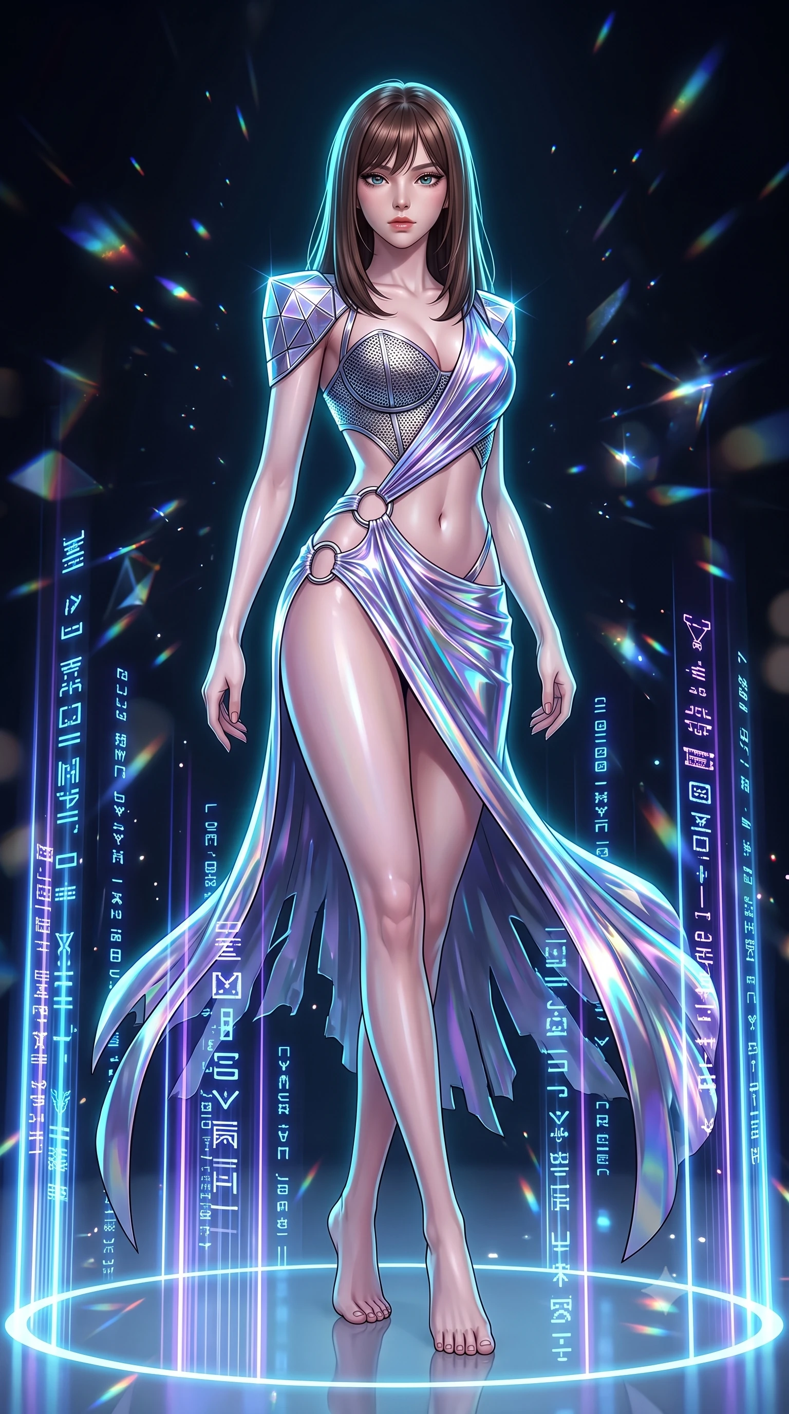 score_9, masterpiece, best quality, ultra-detailed, high-budget anime keyframe, editorial fashion photography, tasteful artistic composition, Korean woman. low angle full-body shot from head to toe showing her feet, filling the entire 9:16 vertical frame with her statuesque presence, stretching her vertical silhouette. pivoting dynamically in mid-motion with a breathtakingly alluring posture, displaying her flawless model proportions, toned flat midriff, and ultra-slim waist while pausing at the center of a circular laser nexus as vertical light pillars project glowing cybernetic glyphs around her. The composition keeps background elements in soft focus with creamy bokeh. sparkling laser light refractions on glass scattering radiant light motes across the background. She has an absolutely perfect, statuesque 8.5-heads proportion, an exceptionally tall and slender model-like female figure with impossibly long slender legs, a toned flat midriff, and an ultra-slim waist. sharp v-shaped jawline, high-bridge nose, intricate jewel-like eyes with depth, thick eyelashes, glossy lips with a natural sheen, flawlessly proportioned anatomical accuracy, strict slender model proportions, natural body alignment, perfectly sculpted long slender limbs, ultra-slim waistline, clean dynamic posture without body distortion. wearing a structured titanium-mesh bustier with geometric shoulder pauldrons and an ultra-slender liquid jersey drape in iridescent holographic chrome with prism violet highlights, formed from high-gloss patent material with specular chiaroscuro reflections, detailed with polished silver rings connecting the daring side-waist cutouts, the sleek second-skin cut tightly hugging her graceful clavicle, narrow waist, and feminine curves with athletic precision. bathed in intense high-contrast cyan laser rim lighting and deep obsidian shadow fill. ultra-reflective glossy finish, specular highlights, dark metallic sheen, high-contrast stereoscopic depth, volumetric dynamic lighting, 2k, ultra detail, master piece, 9:16 ratio