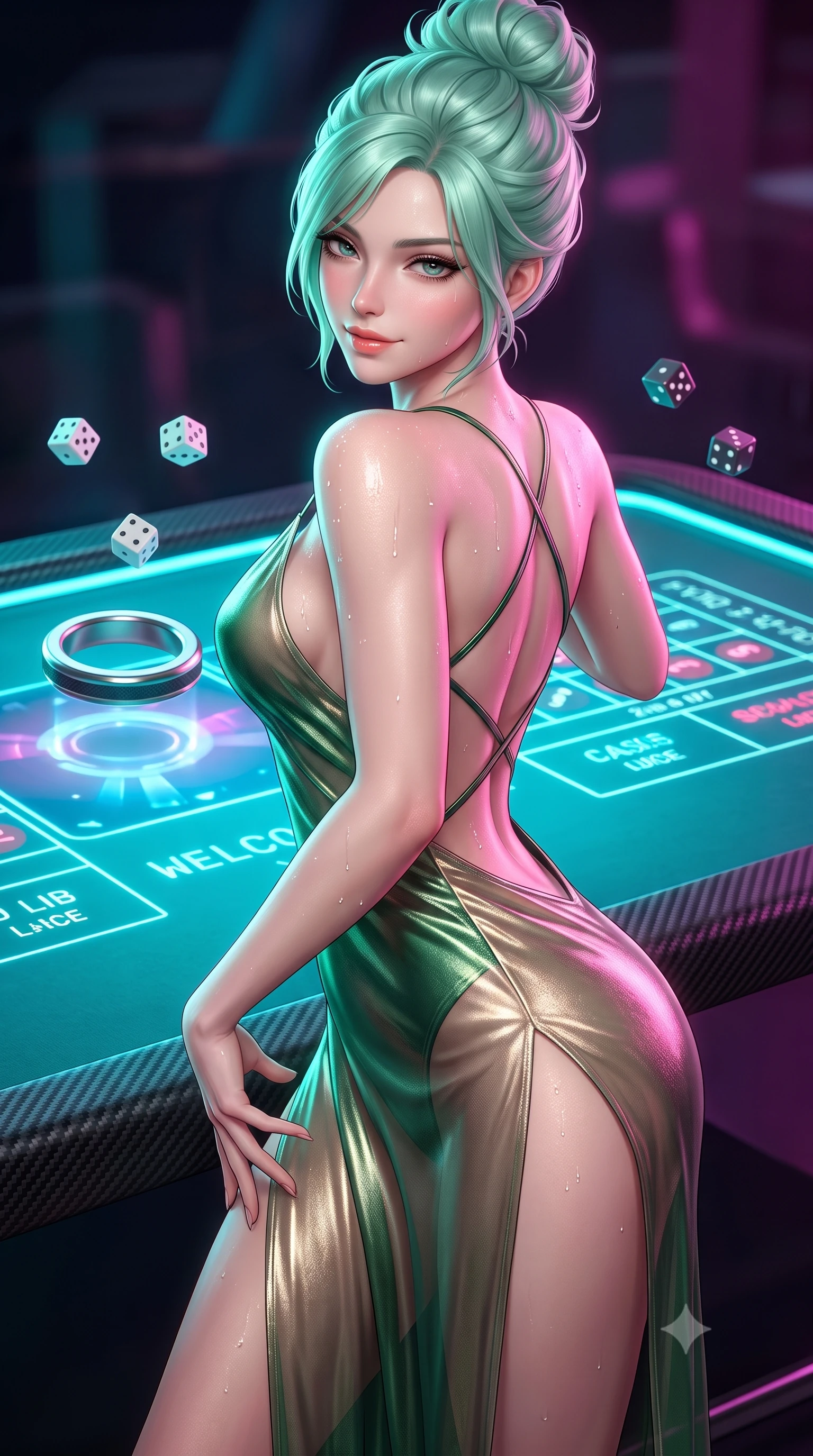 score_9, masterpiece, best quality, ultra-detailed, high-budget anime keyframe, semi-realistic 3D game render, editorial fashion photography, tasteful artistic composition, Japanese woman. close-up cowboy shot from the waist and thighs up, the character dominates the composition, filling the frame with her large presence. tilting her head with a teasing half-smile, running one hand slowly down the side of her hip in a flirtatious S-curve as ambient light caresses her silhouette while standing poised at the holographic dice table, arching her spine with seductive poise as floating digital dice roll in mid-air. The surrounding environment is rendered in vivid detail and crisp panoramic clarity: sharp holographic projection pixel matrix, carbon-fiber table edge trim, and levitating shuffler magnetic ring in deep focus. She has an exceptionally elegant, slender, and willowy female figure with an ultra-slim waist, flat toned midriff, narrow ribcage, and sculpted feminine hips creating an alluring, slim hourglass silhouette without bulk. sharp v-shaped jawline, high-bridge nose, sparkling eyes with hypnotic seductive depth, thick curled eyelashes, glossy parted lips with a natural dewy peach sheen, alluring bedroom-eyes with an enchanting coquettish smile, exuding magnetic siren charisma and sophisticated glamour, flawlessly proportioned anatomical accuracy, strict slender model proportions, natural body alignment, perfectly sculpted long slender limbs, ultra-slim waistline, clean dynamic posture without body distortion. wearing a form-contouring metallic lamé slip dress clinging like a second skin with hip-high side slits and open criss-cross back in casino emerald green and metallic champagne gold with ruby glints, made of sheer gossamer chiffon that drapes softly against skin with airy translucence, complemented by glistening drops of moisture beading across her sculpted shoulders and flat midriff, the precision-cut side openings and low-back scoop framing her graceful spine and the sensual sweep of her slim, toned hips. bathed in vibrant cyan and magenta light radiating directly from embedded table displays. highly saturated vibrant anime colors, detailed shading with soft gradients, rich glossy textures, high-contrast stereoscopic depth, volumetric dynamic lighting, master piece, 9:16 ratio