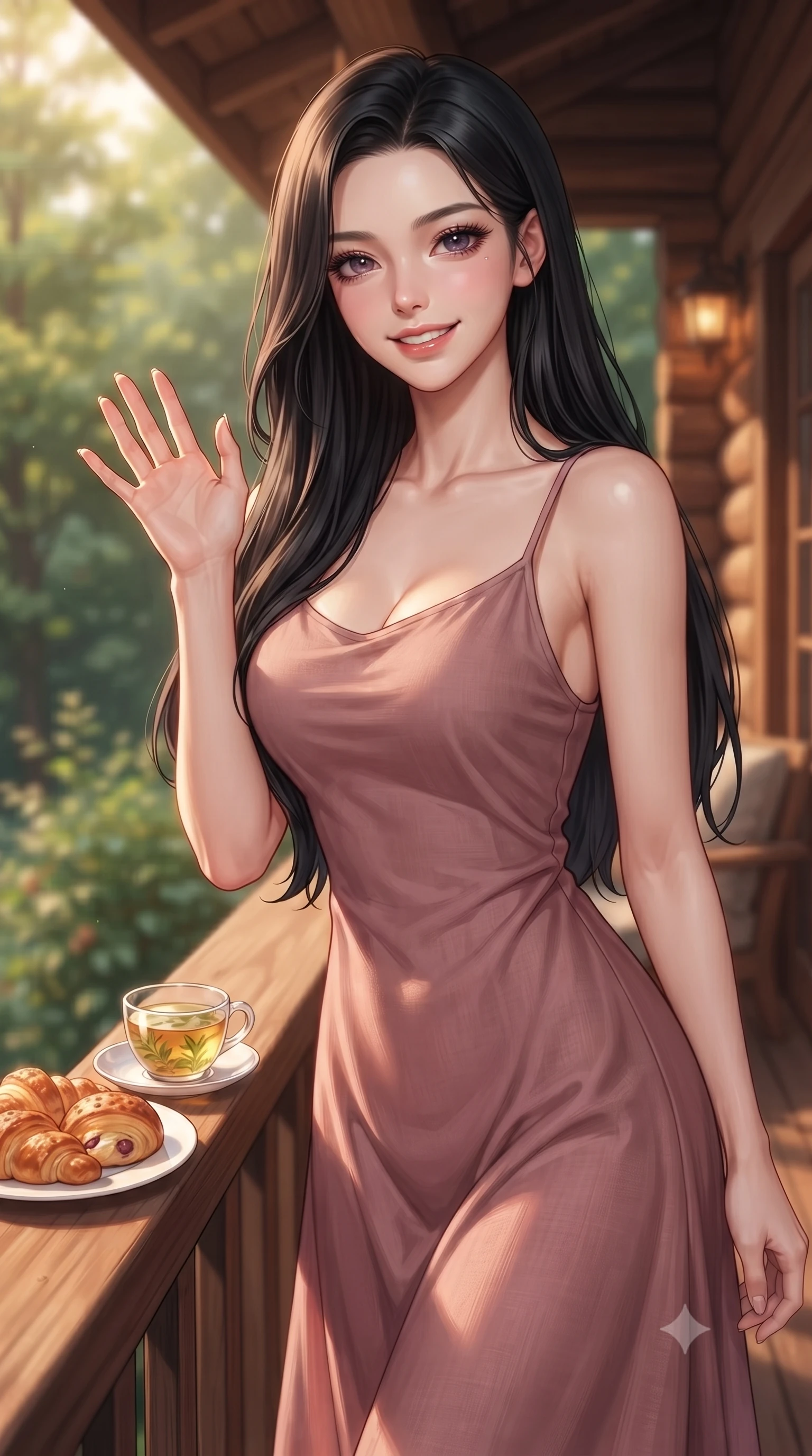 score_9, masterpiece, best quality, ultra-detailed, high-budget anime keyframe, editorial fashion photography, tasteful artistic composition, Korean woman. close-up cowboy shot from the waist and thighs up, the character dominates the composition, filling the frame with her large presence, background elements kept in soft focus. flashing a sweet, beaming smile while waving one hand gently toward the camera set against a soft-focus background of on a rustic wooden veranda of a cozy forest lodge surrounded by greenery with a plate of fresh pastries and a cup of herbal tea on the balcony railing. She has an exceptionally elegant, slender, and willowy female figure with an ultra-slim waist, a gracefully sculpted slender torso, and a refined silhouette. sharp v-shaped jawline, high-bridge nose, intricate jewel-like eyes with depth, thick eyelashes, glossy lips with a natural sheen. wearing slim-fit flowy linen sundress in dusty rose, draped softly and comfortably. warm, golden resort twilight lighting casting a relaxing, luxurious ambiance. highly saturated vibrant anime colors, detailed shading with soft gradients, rich glossy textures, high-contrast stereoscopic depth, volumetric dynamic lighting, master piece, 9:16 ratio