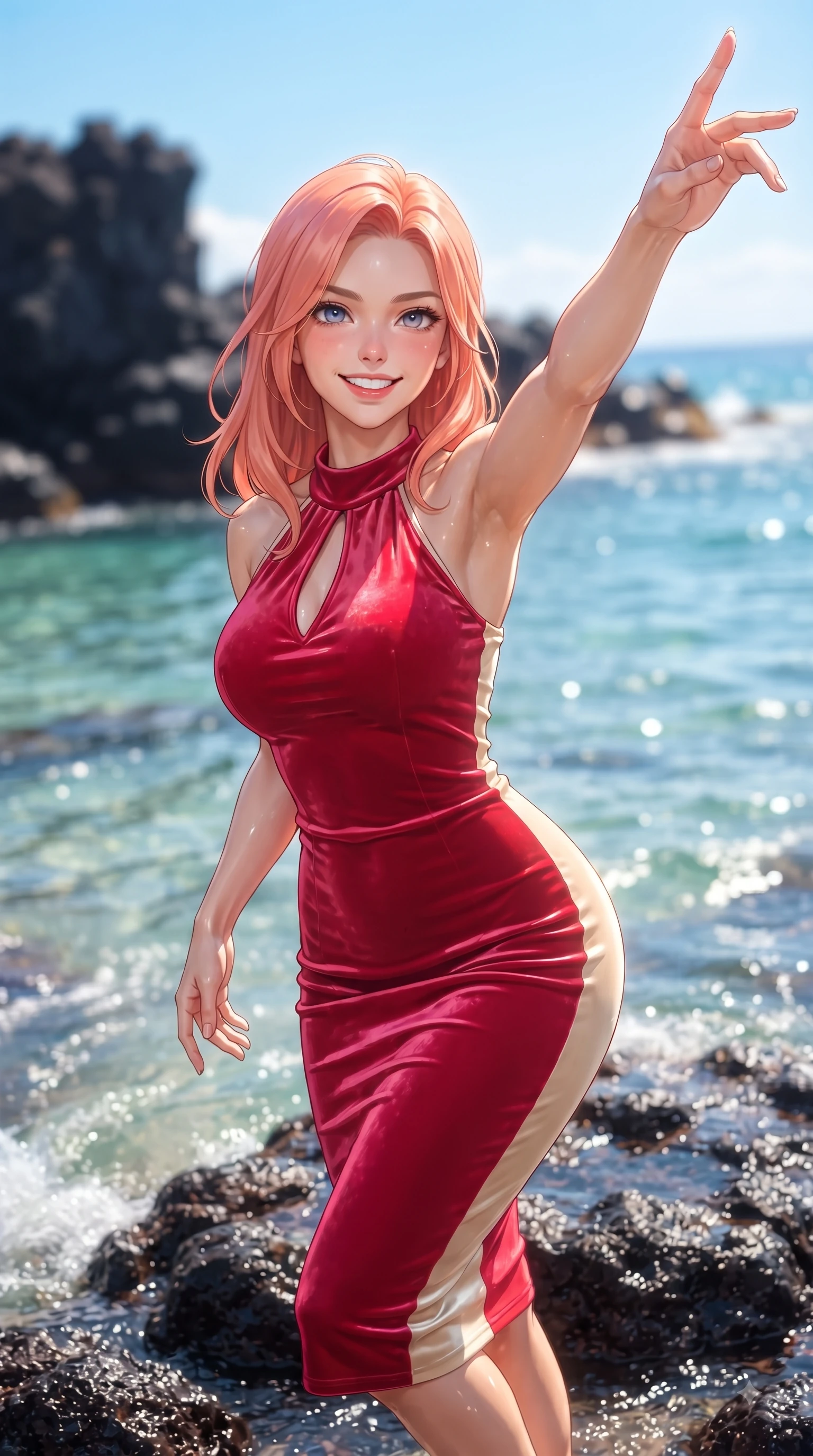 score_9, masterpiece, best quality, ultra-detailed, high-budget anime keyframe, editorial fashion photography, tasteful artistic composition, Japanese woman. close-up cowboy shot from the waist and thighs up, the character dominates the composition, filling the frame with her large presence. Extending one arm in an elegant stretch toward the light while smiling with vibrant, youthful self-assurance while pivoting gracefully on dark volcanic basalt rocks as clear turquoise ocean waves lap nearby. The composition keeps background elements in soft focus with dreamy bokeh. dark basalt rocks and clear blue skies softened with a gentle background blur. She has an exceptionally elegant, slender, and willowy female figure with an ultra-slim waist, a gracefully sculpted slender torso, and a refined silhouette. sharp v-shaped jawline, high-bridge nose, intricate jewel-like eyes with depth, thick eyelashes, glossy lips with a natural sheen, flawlessly proportioned anatomical accuracy, natural body alignment, perfectly sculpted elegant limbs, clean dynamic posture without body distortion. wearing a velvet halter-neck midi dress fitting her statuesque contour flawlessly in vivid crimson red and champagne cream, made of premium stretch jersey that follows her curves like a glove, accented with a Tasteful chest slit framing her clavicle gracefully, the tailored fabric tightly following every curve of her athletic build. bathed in bright tropical sunshine and glittering ocean water refractions. ultra-reflective glossy finish, specular highlights, metallic sheen, high-contrast stereoscopic depth, volumetric dynamic lighting, 2k, ultra detail, master piece, 9:16 ratio