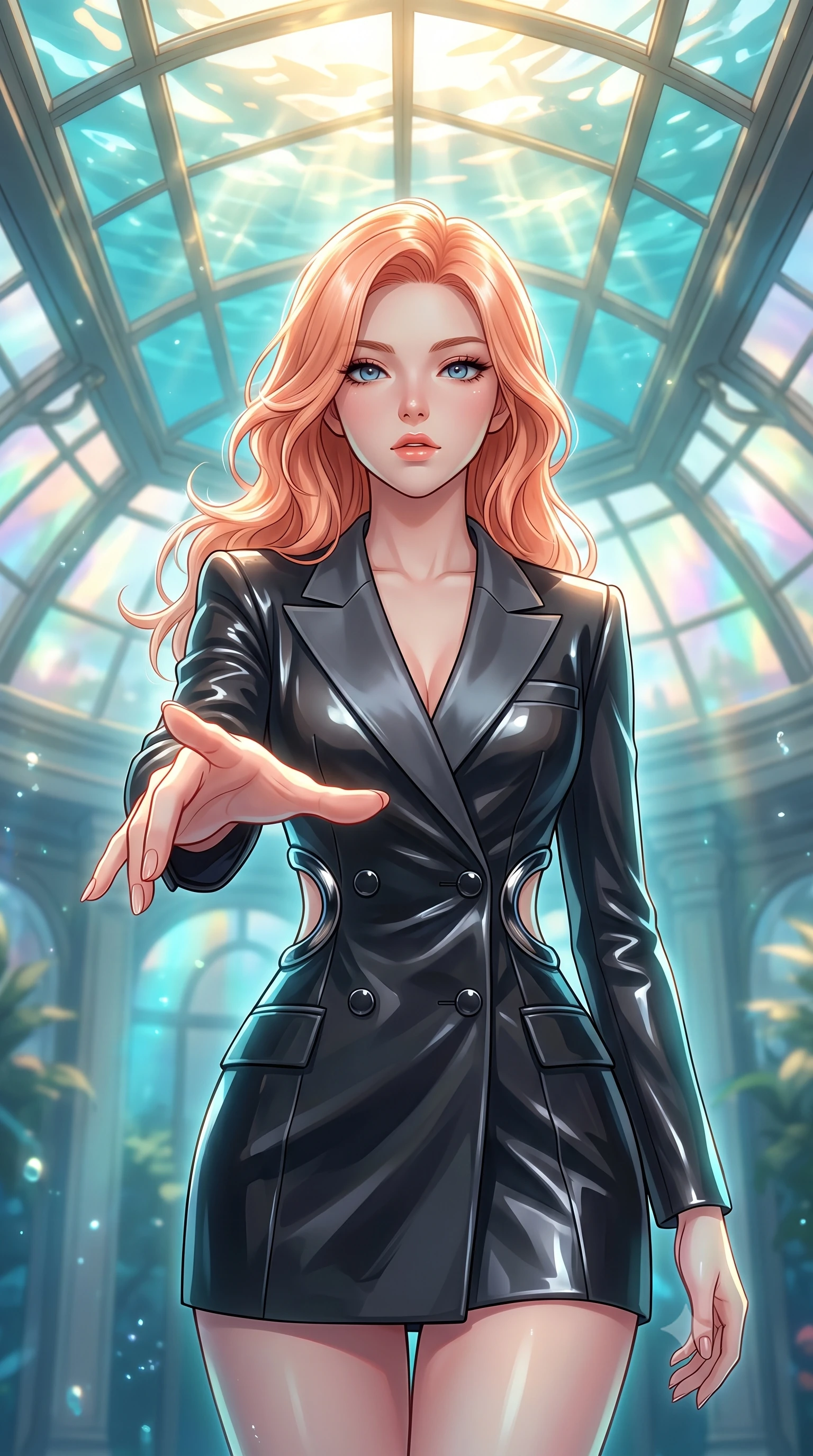 score_9, masterpiece, best quality, ultra-detailed, high-budget anime keyframe, editorial fashion photography, tasteful artistic composition, Japanese woman. close-up cowboy shot from the waist and thighs up, the character dominates the composition, filling the frame with her large presence, background elements kept in soft focus. Reaching one hand toward the viewer with relaxed sensual elegance, poised beneath a glass ceiling as golden sunlight dances through turquoise water, glass ceiling reflecting bright ocean light in soft-focus pastel spectrums. She has an exceptionally elegant, slender, and willowy female figure with an ultra-slim waist, a gracefully sculpted slender torso, and a refined silhouette. sharp v-shaped jawline, high-bridge nose, intricate jewel-like eyes with depth, thick eyelashes, glossy lips with a natural sheen. wearing tailored double-breasted obsidian blazer dress with silk lapels in dark charcoal gray, made of high-gloss liquid vinyl, accented with sculpted obsidian chrome rings at the waist, highlighting her statuesque proportions and ultra-slim waistline. surrounded by an ethereal underwater aura with bright pearl rim lights. highly saturated vibrant anime colors, detailed shading with soft gradients, rich glossy textures, high-contrast stereoscopic depth, volumetric dynamic lighting, master piece, 9:16 ratio