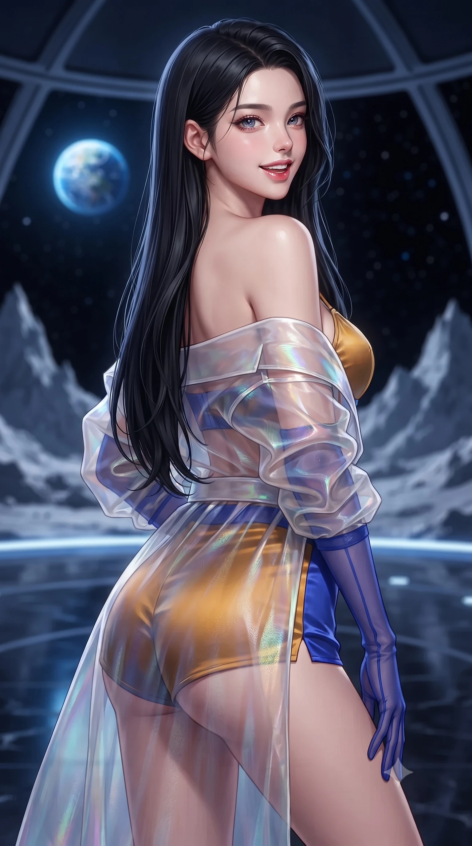 score_9, masterpiece, best quality, ultra-detailed, high-budget anime keyframe, editorial fashion photography, tasteful artistic composition, Korean woman. close-up cowboy shot from the waist and thighs up, the character dominates the composition, filling the frame with her large presence. posing in an alluring rear three-quarter angle, looking over a bare shoulder with parted glossy lips, her hips cocked back to highlight her slim hourglass curve while twisting her slender torso in an alluring S-curve, pure cobalt Earthlight tracing her flat midriff and hourglass curves across the basalt floor. The background shows a soft-focus jagged lunar peaks casting razor-sharp black shadows, glowing blue Earthrise in the starry black void, and dome structural nodes blurred into cobalt, diamond, and onyx bokeh. She has an exceptionally elegant, slender, and willowy female figure with an ultra-slim waist, flat toned midriff, narrow ribcage, and sculpted feminine hips creating an alluring, slim hourglass silhouette without bulk. sharp v-shaped jawline, high-bridge nose, intricate jewel-like sparkling eyes with depth, thick eyelashes, glossy parted lips with a natural peach sheen, bright cheerful beaming smile with an enchanting and coquettish sensual glint, exuding both youthful cute charm and seductive allure, flawlessly proportioned anatomical accuracy, strict slender model proportions, natural body alignment, perfectly sculpted long slender limbs, ultra-slim waistline, clean dynamic posture without body distortion. wearing a translucent iridescent organza kimono robe slipping off bare shoulders over a matching satin micro-bralette and shorts in Jovian amber and electric storm cobalt, crafted from bespoke double-faced cashmere with an exceptionally soft tactile finish, complemented by sheer opera-length evening gloves tracing her slender arms, the impeccably tailored cut draping gracefully along her slender figure with aristocratic poise. illuminated by basalt tile reflection bounce and sharp Earth-blue rim lights sculpting her jawline, narrow waist, and curvy hips. ultra-reflective glossy finish, specular highlights, rich textural contrasts, high-contrast stereoscopic depth, volumetric dynamic lighting, 2k, ultra detail, master piece, 9:16 ratio