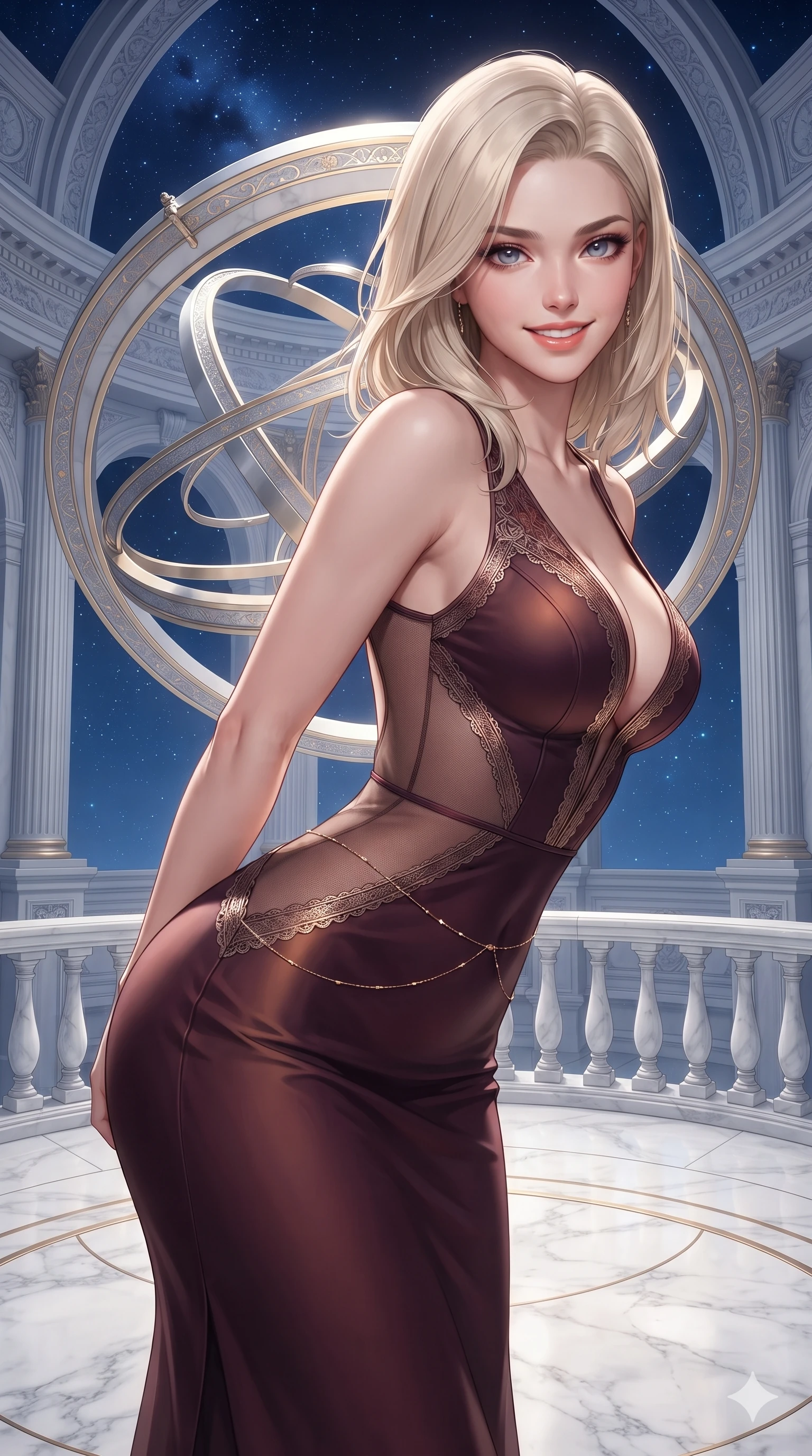 score_9, masterpiece, best quality, ultra-detailed, high-budget anime keyframe, editorial fashion photography, tasteful artistic composition, Caucasian woman. close-up cowboy shot from the waist and thighs up, the character dominates the composition, filling the frame with her large presence. leaning forward while arching her lower back to accentuate her curvy hips, looking into the camera with an intoxicating smoldering gaze and bedroom-eyes while standing poised on the circular white marble balcony at the apex of the sky-chamber, arching her lower back with sovereign supermodel grace as levitating platinum armillary rings rotate in silence. The surrounding environment is rendered in vivid detail and crisp panoramic clarity: detailed evening dress tailoring, fine metallic lace trim, and monumental neoclassical celestial architecture in high resolution. She has an exceptionally elegant, slender, and willowy female figure with an ultra-slim waist, flat toned midriff, narrow ribcage, and sculpted feminine hips creating an alluring, slim hourglass silhouette without bulk. sharp v-shaped jawline, high-bridge nose, intricate jewel-like sparkling eyes with depth, thick eyelashes, glossy parted lips with a natural peach sheen, bright cheerful beaming smile with an enchanting and coquettish sensual glint, exuding both youthful cute charm and seductive allure, flawlessly proportioned anatomical accuracy, strict slender model proportions, natural body alignment, perfectly sculpted long slender limbs, ultra-slim waistline, clean dynamic posture without body distortion. wearing an alluring plunging sweetheart bodice dress with sheer mesh side-waist cutouts contouring her ribs in deep burgundy and bronze accents, crafted from bespoke double-faced cashmere with an exceptionally soft tactile finish, accented with a dainty gold belly chain resting across her flat midriff and curving hips, the precision-cut side openings and low-back scoop framing her graceful spine and the sensual sweep of her slim, toned hips. illuminated by white marble floor bounce and sharp diamond-platinum rim lights defining her razor-sharp jawline, narrow waist, and curvy hips. ultra-reflective glossy finish, specular highlights, rich textural contrasts, high-contrast stereoscopic depth, volumetric dynamic lighting, 2k, ultra detail, master piece, 9:16 ratio