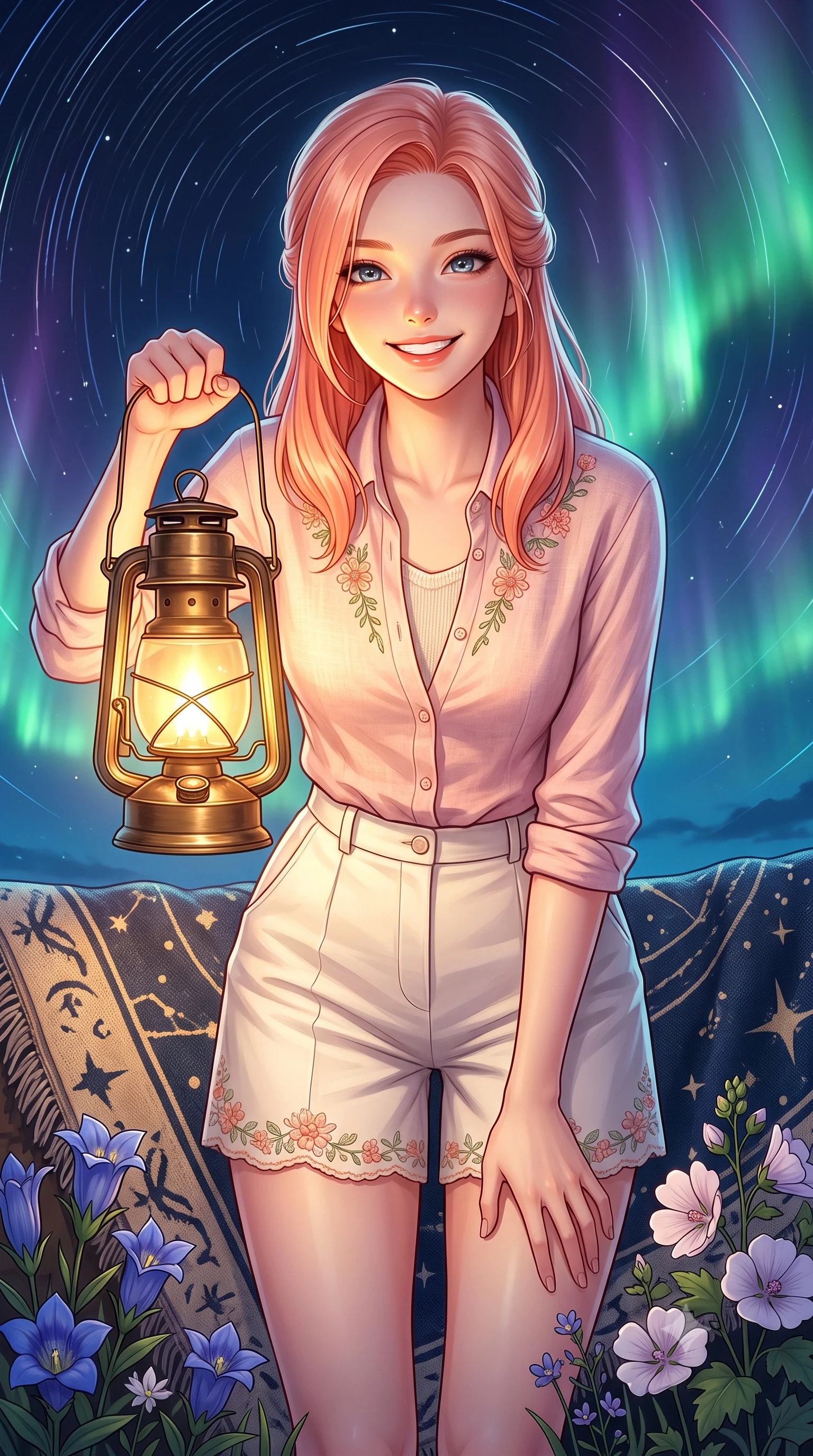 score_9, masterpiece, best quality, ultra-detailed, high-budget anime keyframe, semi-realistic 3D game render, editorial fashion photography, tasteful artistic composition, Japanese woman. close-up cowboy shot from the waist and thighs up, the character dominates the composition, filling the frame with her large presence. radiating a joyful bright smile with sparkling jewel-like eyes and pure charming energy, leaning forward with playful grace while holding a vintage brass camping lantern that casts a warm, golden glow across her sweet, radiant face. The surrounding environment is rendered in vivid detail and crisp panoramic clarity. sharp star trails, textured wool blanket weave, and delicate wild nighttime flowers in deep focus. She has an exceptionally elegant, slender, and willowy female figure with an ultra-slim waist, a gracefully sculpted slender torso, toned flat midriff, and a refined slim silhouette. sharp v-shaped jawline, high-bridge nose, intricate jewel-like eyes with depth, thick eyelashes, glossy lips with a natural sheen, pure and lovely fresh girlhood expression, flawlessly proportioned anatomical accuracy, strict slender model proportions, natural body alignment, perfectly sculpted long slender limbs, ultra-slim waistline, clean dynamic posture without body distortion. wearing a lightweight pastel linen button-down shirt paired with tailored high-rise white Bermuda shorts in warm peach blossom pink and champagne ivory, crafted from soft breathable linen that flutters gently in the breeze, complemented by subtle floral embroidery along the neckline and hem, the body-hugging lightweight knit clinging delicately to her slender torso, accentuating her graceful neck and feminine lines. bathed in dancing emerald and violet aurora glow combined with warm golden brass lantern uplights. highly saturated vibrant anime colors, detailed shading with soft gradients, rich glossy textures, high-contrast stereoscopic depth, volumetric dynamic lighting, master piece, 9:16 ratio