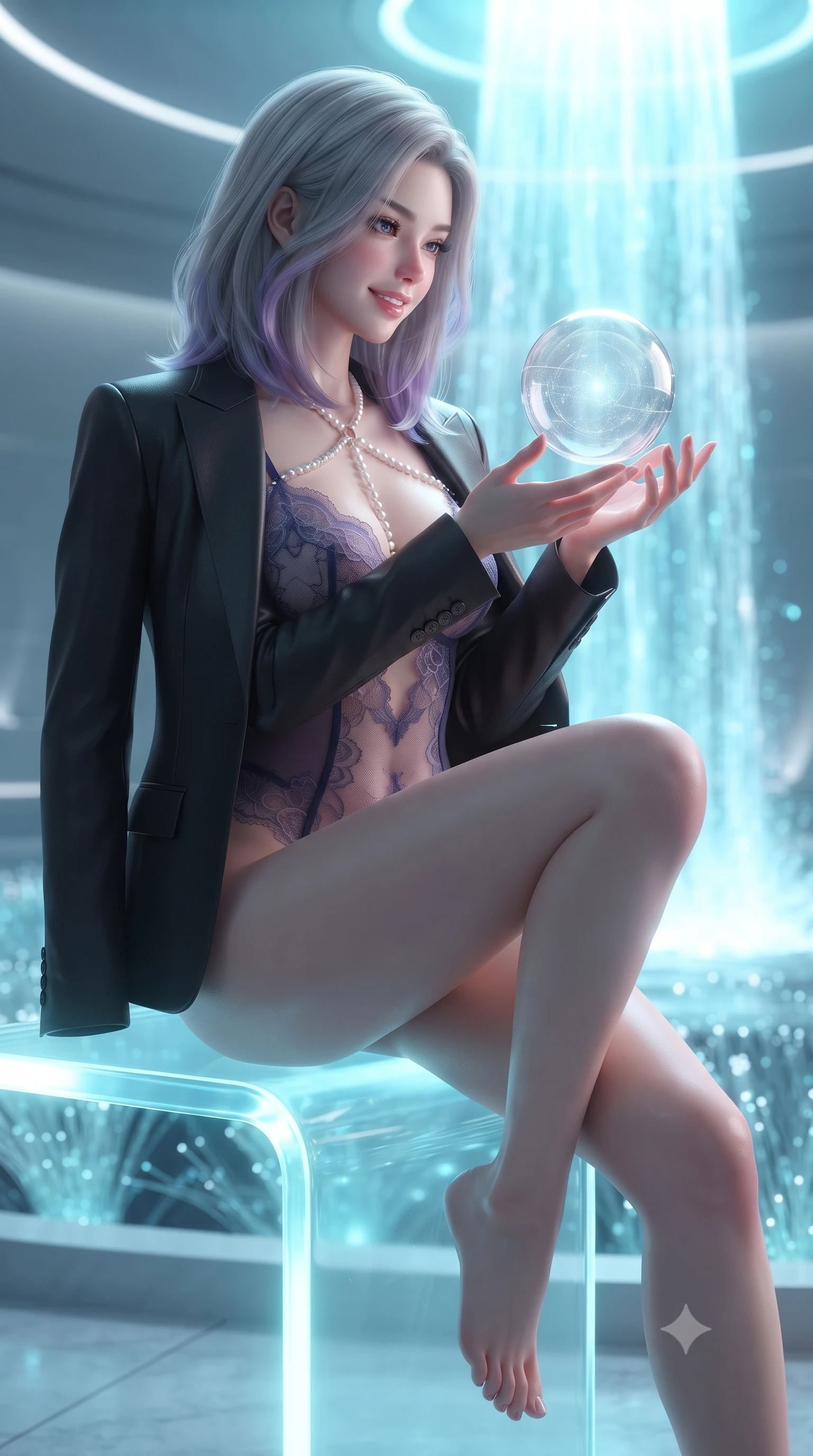 score_9, masterpiece, best quality, ultra-detailed, high-budget anime keyframe, editorial fashion photography, tasteful artistic composition, Caucasian woman. close-up cowboy shot from the waist and thighs up, the character dominates the composition, filling the frame with her large presence. perched sideways on the lounge seat, one knee drawn up to showcase her slender leg line while her arched back accentuates her feminine hip curve while perched sideways on a glass monolith with legs crossed, holding a floating digital data orb with effortless cyber-queen charm. The background shows a soft-focus submerged fiber-optic lights softened in avant-garde sci-fi shallow focus. She has an exceptionally elegant, slender, and willowy female figure with an ultra-slim waist, flat toned midriff, narrow ribcage, and sculpted feminine hips creating an alluring, slim hourglass silhouette without bulk. sharp v-shaped jawline, high-bridge nose, sparkling eyes with hypnotic seductive depth, thick curled eyelashes, glossy parted lips with a natural dewy peach sheen, alluring bedroom-eyes with an enchanting coquettish smile, exuding magnetic siren charisma and sophisticated glamour, flawlessly proportioned anatomical accuracy, strict slender model proportions, natural body alignment, perfectly sculpted long slender limbs, ultra-slim waistline, clean dynamic posture without body distortion. wearing a delicate sheer French Chantilly lace teddy layered under an open tailored tuxedo blazer draped over bare shoulders in twilight lavender and midnight indigo, woven from buttery-soft stretch lambskin leather adhering to her body like a second skin, accented with a pearl-drop body harness subtly framing her dewy collarbones and spine, the liquid-tight tailored fabric clinging flawlessly to her narrow waist and rounded feminine hips, emphasizing every millimeter of her sculpted slim hourglass curves without any bulky heaviness. bathed in brilliant cascading cyan and white light radiating from the monumental holographic waterfall. ultra-reflective glossy finish, specular highlights, rich textural contrasts, high-contrast stereoscopic depth, volumetric dynamic lighting, 2k, ultra detail, master piece, 9:16 ratio