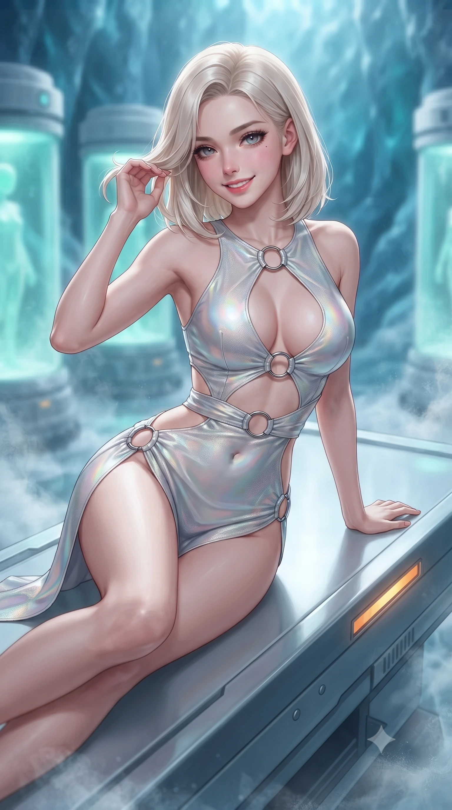 score_9, masterpiece, best quality, ultra-detailed, high-budget anime keyframe, editorial fashion photography, tasteful artistic composition, Caucasian woman. close-up cowboy shot from the waist and thighs up, the character dominates the composition, filling the frame with her large presence. gently brushing a lock of hair behind her ear while casting a playful, flirtatious side-gaze with long eyelashes while reclining gracefully on the heated laboratory recovery bench with legs extended, displaying her long slender limbs and statuesque hourglass silhouette against the frozen glacial vault. The background shows a soft-focus cylindrical stasis pods glowing with soft cyan and mint bio-light, swirling frosty nitrogen vapors, and ancient blue glacial ice walls blurred into aquamarine, diamond, and sapphire bokeh. She has an exceptionally elegant, slender, and willowy female figure with an ultra-slim waist, flat toned midriff, narrow ribcage, and sculpted feminine hips creating an alluring, slim hourglass silhouette without bulk. sharp v-shaped jawline, high-bridge nose, intricate jewel-like sparkling eyes with depth, thick eyelashes, glossy parted lips with a natural peach sheen, bright cheerful beaming smile with an enchanting and coquettish sensual glint, exuding both youthful cute charm and seductive allure, flawlessly proportioned anatomical accuracy, strict slender model proportions, natural body alignment, perfectly sculpted long slender limbs, ultra-slim waistline, clean dynamic posture without body distortion. wearing a provocative open-waist combat cutout mini dress framed by polished chrome ring hardware and thigh-high slit in iridescent mother-of-pearl and liquid molten silver, tailored from high-density tech-wool with subtle metallic thread weave, finished with sleek magnetic buckle closures fluttering in the breeze, the impeccably tailored cut draping gracefully along her slender figure with aristocratic poise. bathed in cool 8000K clinical bio-luminescence mixed with warm amber emergency threshold lights. ultra-reflective glossy finish, specular highlights, rich textural contrasts, high-contrast stereoscopic depth, volumetric dynamic lighting, 2k, ultra detail, master piece, 9:16 ratio