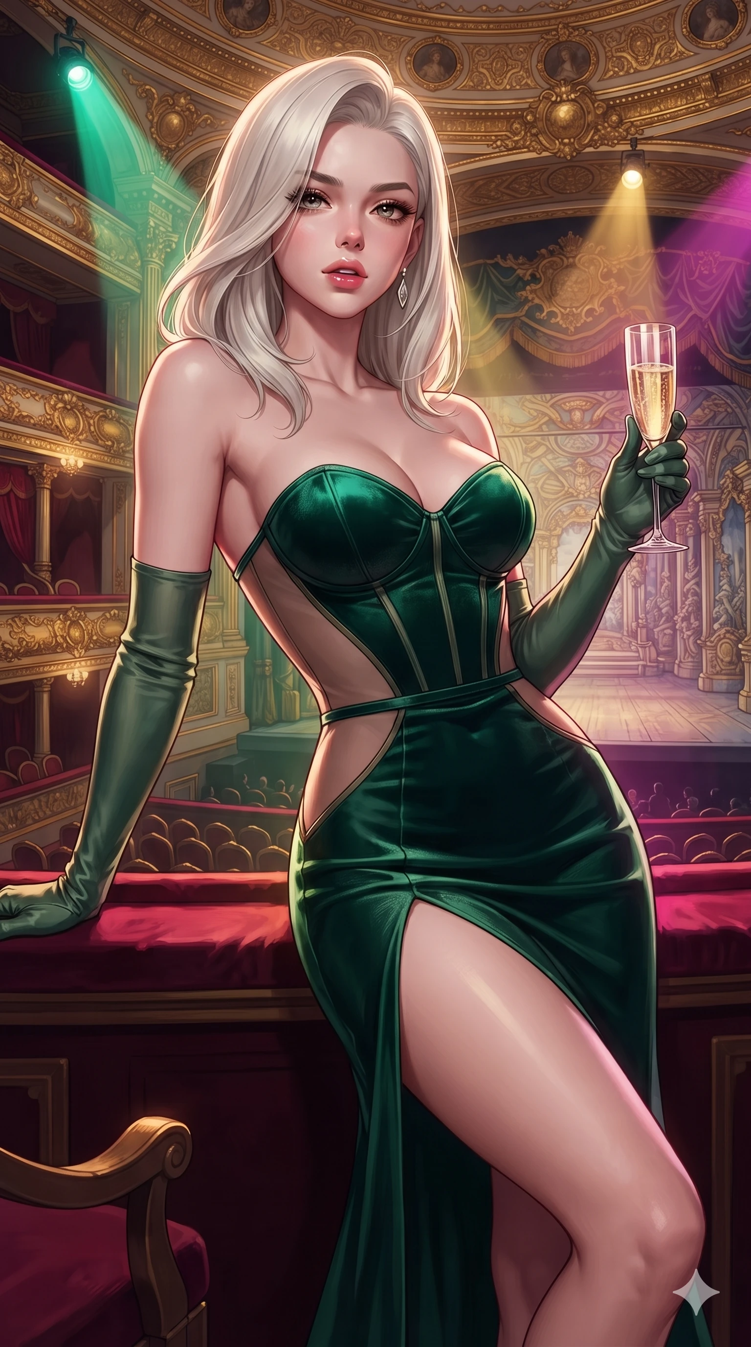 score_9, masterpiece, best quality, ultra-detailed, high-budget anime keyframe, semi-realistic 3D game render, editorial fashion photography, tasteful artistic composition, Caucasian woman. close-up cowboy shot from the waist and thighs up, the character dominates the composition, filling the frame with her large presence. leaning back with relaxed seductive grace, her sculpted collarbones and narrow waist highlighted as she casts smoldering bedroom-eyes directly into the camera while twisting her slender torso in an alluring contrapposto stance, dramatic stage spotlights wrapping around her narrow waist and curvy hips with anime flair. The surrounding environment is rendered in vivid detail and crisp panoramic clarity: detailed anime keyframe lines, rich fabric textures, and monumental royal opera architecture in razor-sharp precision. She has an exceptionally elegant, slender, and willowy female figure with an ultra-slim waist, flat toned midriff, narrow ribcage, and sculpted feminine hips creating an alluring, slim hourglass silhouette without bulk. sharp v-shaped jawline, high-bridge nose, intricate jewel-like eyes with depth, thick eyelashes, glossy parted lips with a natural sheen, intensely captivating and seductive bedroom-eyes expression, flawlessly proportioned anatomical accuracy, strict slender model proportions, natural body alignment, perfectly sculpted long slender limbs, ultra-slim waistline, clean dynamic posture without body distortion. wearing a form-fitting corseted satin bustier evening gown with sheer side waist panels and dramatic leg slit in emerald velvet and antique brass, featuring strategic sheer-illusion tulle side panels framing her ribcage and hips, accessorized with opera-length satin gloves and a vintage crystal glass, the form-contouring silhouette accentuating her sculpted flat midriff, narrow delicate ribcage, and gracefully curvy hips with intoxicating allure. highly saturated vibrant anime colors, dramatic stage rim lights sculpting her razor-sharp jawline and feminine curves. highly saturated vibrant anime colors, detailed shading with soft gradients, rich glossy textures, high-contrast stereoscopic depth, volumetric dynamic lighting, master piece, 9:16 ratio