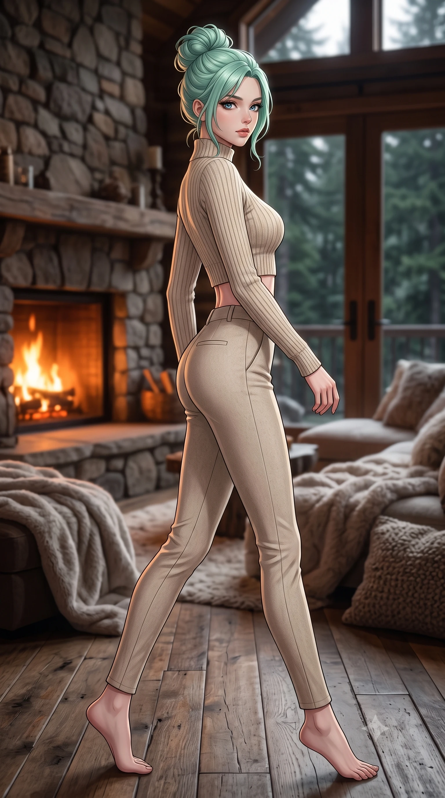 score_9, masterpiece, best quality, ultra-detailed, high-budget anime keyframe, editorial fashion photography, tasteful artistic composition, Japanese woman woman. low angle full-body shot from head to toe showing her feet, filling the entire 9:16 vertical frame with her statuesque presence, stretching her vertical silhouette. stepping gracefully while looking back over her shoulder, her dress draped tightly to reveal her silhouette the background shows a soft-focus a cozy lounge with a rustic fireplace, soft blankets, and large glass doors facing a forest. She has an absolutely perfect, statuesque 8.5-heads proportion, an exceptionally tall and slender model-like female figure with impossibly long slender legs and an ultra-slim waist. sharp v-shaped jawline, high-bridge nose, intricate jewel-like eyes with depth, thick eyelashes, glossy lips with a natural sheen. wearing a body-hugging tight-fitting crop sweater in oatmeal wool, paired with high-waisted form-fitting pants. the warm orange flicker of the hearth fire casting cozy shadows. 2k, ultra detail, master piece, 9:16 ratio