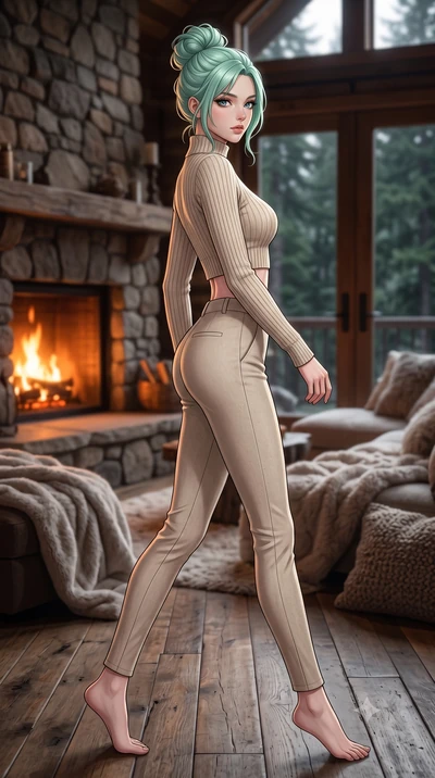 score_9, masterpiece, best quality, ultra-detailed, high-budget anime keyframe, editorial fashion photography, tasteful artistic composition, Japanese woman woman. low angle full-body shot from head to toe showing her feet, filling the entire 9:16 ve