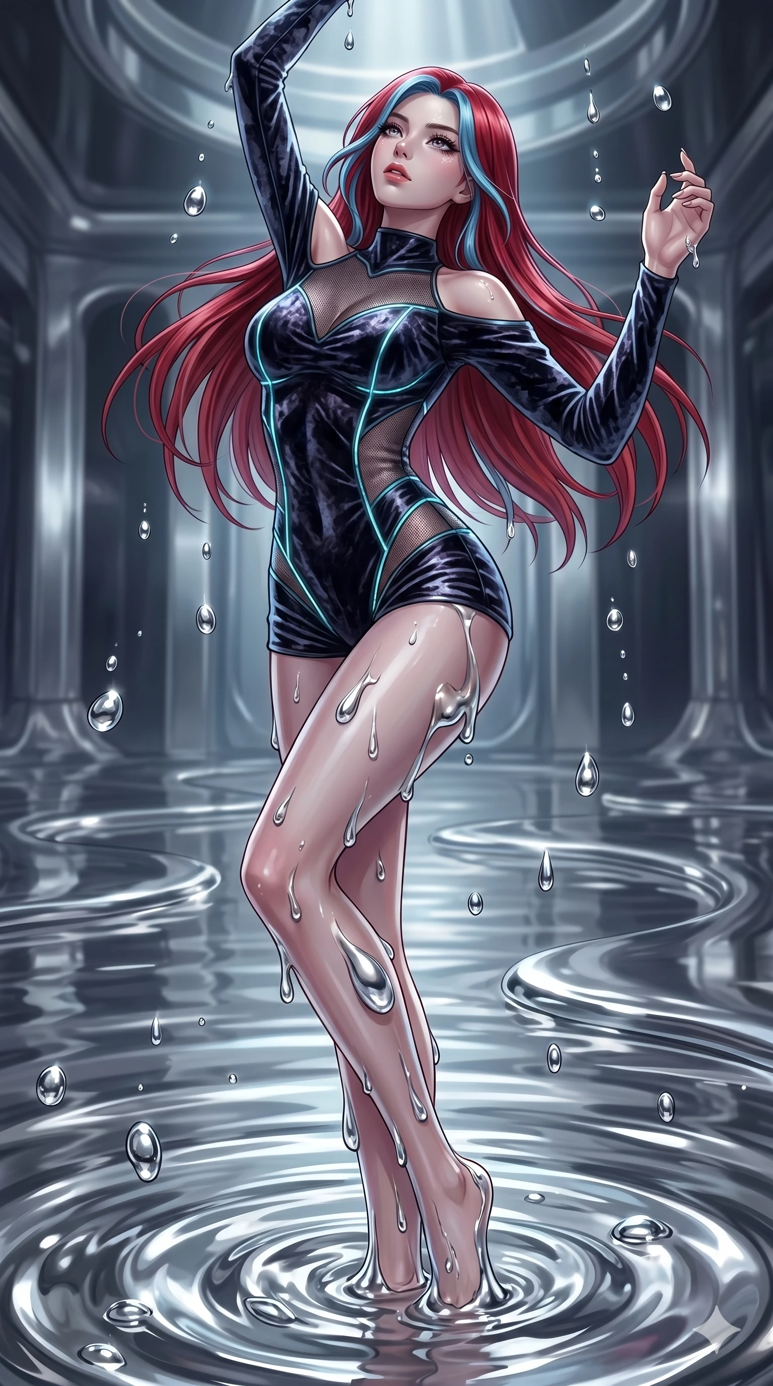 score_9, masterpiece, best quality, ultra-detailed, High-budget Anime Keyframe, East Asian woman. Dynamic full-body shot stretching the vertical silhouette to the limit. Scenario 44: Rising from a pool of mercury-like liquid, droplets rolling off her skin. Her presence is magnetic and overpowering in this high-budget anime scene. Outfit 44: A crushed dark velvet micro-mesh with a low-cut shoulder and glowing LED seams. The clothing is designed to emphasize her exceptionally tall and slender 8-heads proportion. 8-heads proportion, towering silhouette, ultra-slim waist. sharp v-shaped jawline, intricate jewel-like eyes with depth, thick eyelashes, glossy lips. 2k, ultra detail, master piece, 9:16 ratio