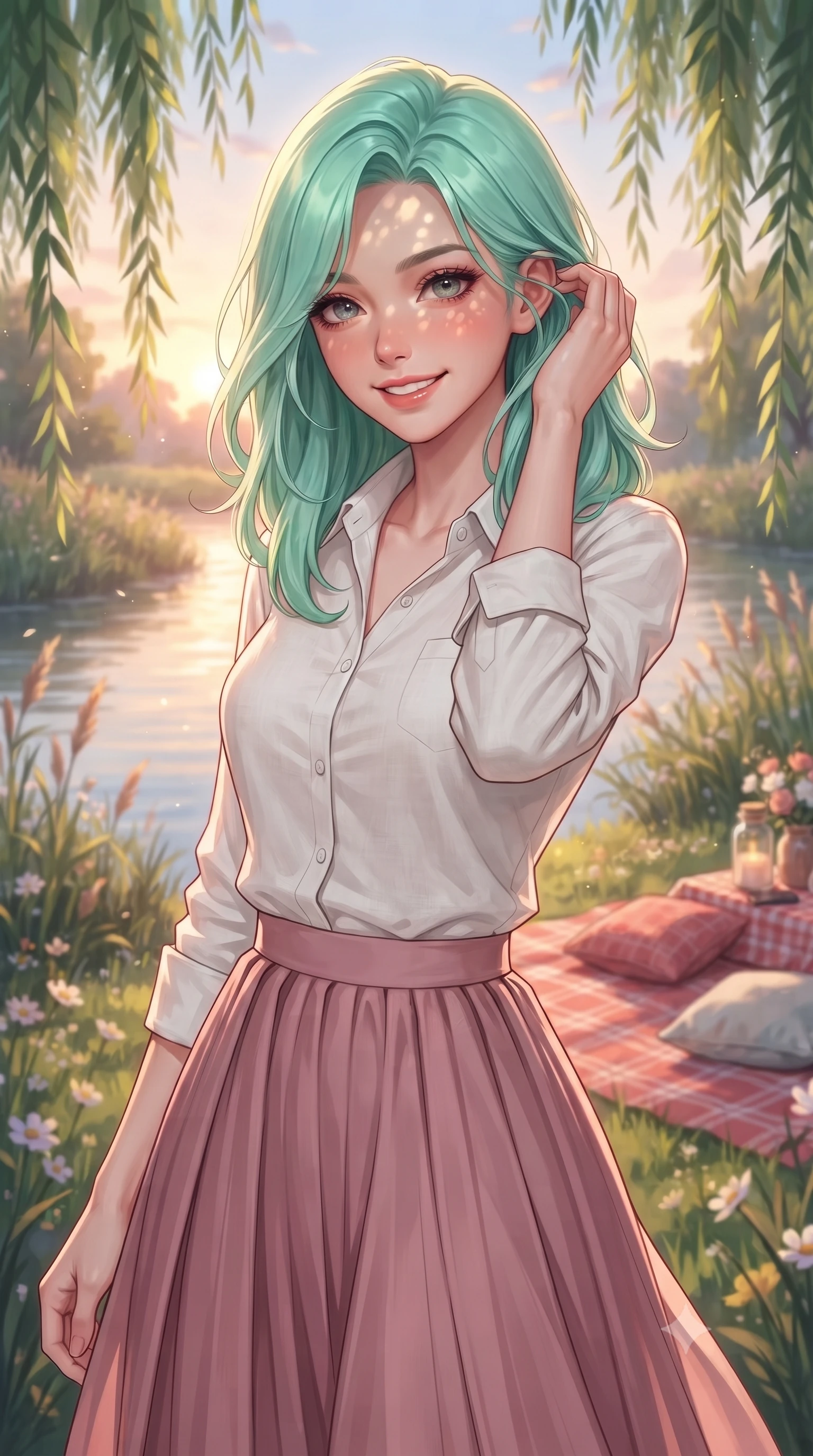 score_9, masterpiece, best quality, ultra-detailed, high-budget anime keyframe, editorial fashion photography, tasteful artistic composition, Japanese woman. close-up cowboy shot from the waist and thighs up, the character dominates the composition, filling the frame with her large presence, background elements kept in soft focus. smiling cutely while gently brushing a strand of hair behind her ear set against a soft-focus background of along a winding river path lined with reeds and wild river flowers with a red checkered picnic blanket and pillows arranged on the grass. She has an exceptionally elegant, slender, and willowy female figure with an ultra-slim waist, a gracefully sculpted slender torso, and a refined silhouette. sharp v-shaped jawline, high-bridge nose, intricate jewel-like eyes with depth, thick eyelashes, glossy lips with a natural sheen. wearing slim-fit casual linen button-down shirt in white, paired with a flowy pleated skirt in dusty pink. dappled sunlight filtering through the weeping willow leaves onto her face. highly saturated vibrant anime colors, detailed shading with soft gradients, rich glossy textures, high-contrast stereoscopic depth, volumetric dynamic lighting, master piece, 9:16 ratio