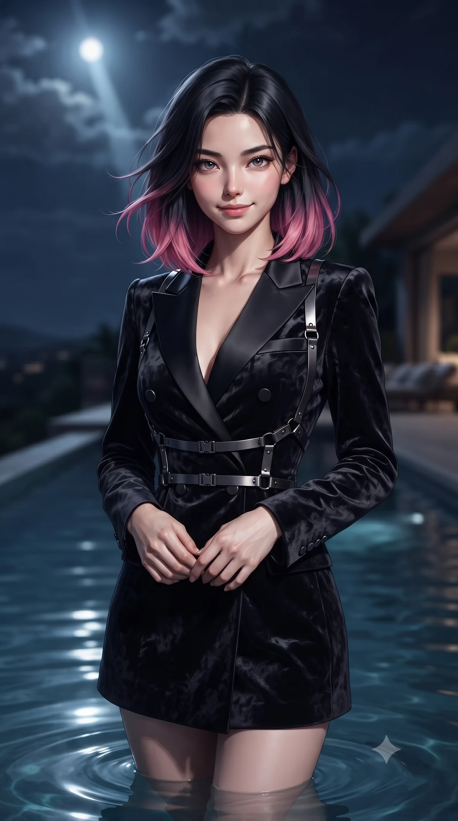 score_9, masterpiece, best quality, ultra-detailed, high-budget anime keyframe, editorial fashion photography, tasteful artistic composition, Korean woman. close-up cowboy shot from the waist and thighs up, the character dominates the composition, filling the frame with her large presence, background elements kept in soft focus. Smiling with quiet, magnetic self-assurance directly into the camera, standing gracefully in a secluded private infinity pool at a high-end villa at 3 AM, magnetic composed gaze directly into the camera with effortless confidence. She has an exceptionally elegant, slender, and willowy female figure with an ultra-slim waist, a gracefully sculpted slender torso, and a refined silhouette. sharp v-shaped jawline, high-bridge nose, intricate jewel-like eyes with depth, thick eyelashes, glossy lips with a natural sheen. wearing tailored double-breasted obsidian blazer dress with silk lapels in pitch-black onyx, made of crushed dark silk velvet, highlighted by a gunmetal metallic harness structure, highlighting her statuesque proportions and ultra-slim waistline. lit by a single piercing key ray filtering through soft night clouds. highly saturated vibrant anime colors, detailed shading with soft gradients, rich glossy textures, high-contrast stereoscopic depth, volumetric dynamic lighting, master piece, 9:16 ratio