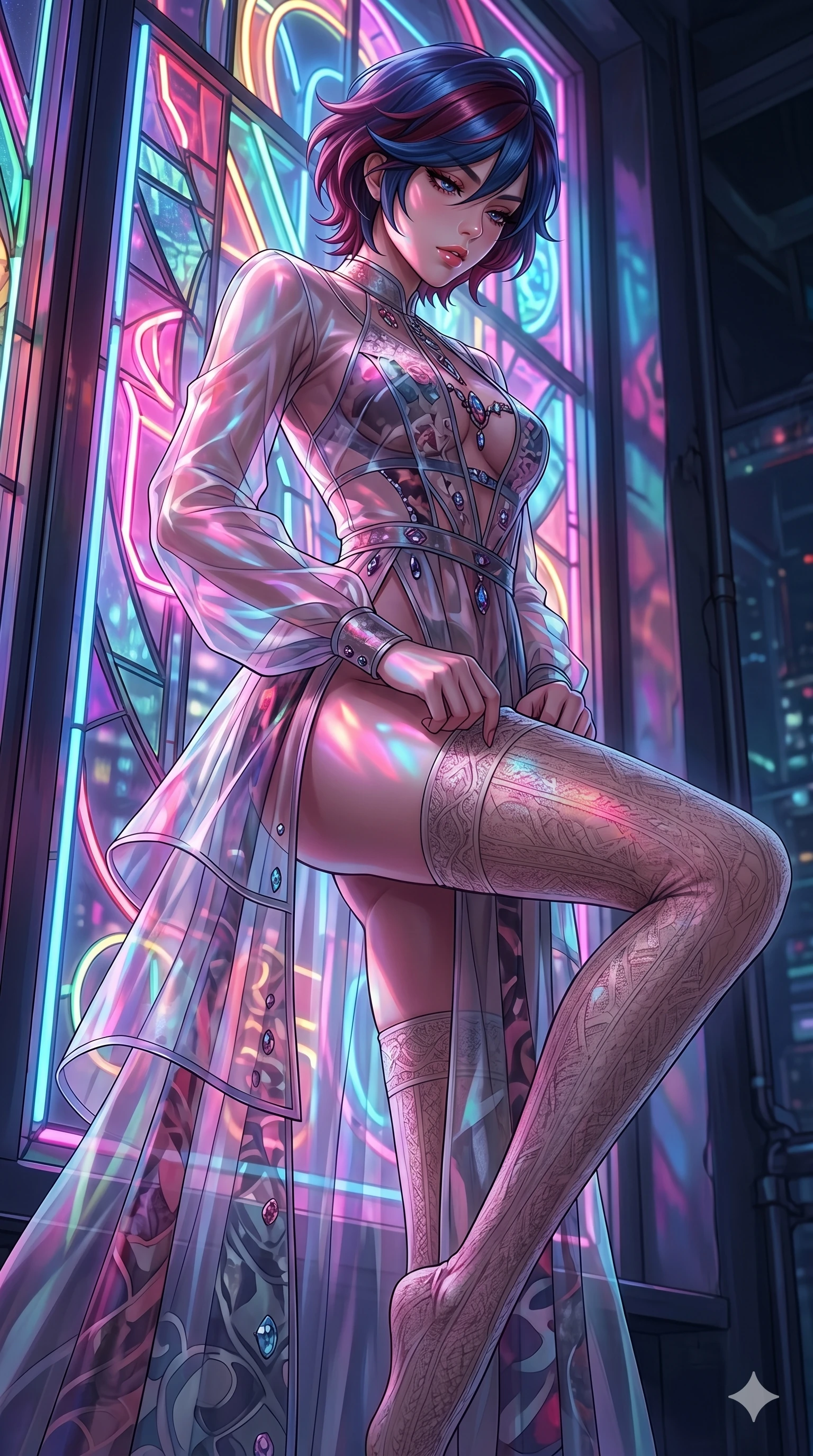 score_9, masterpiece, best quality, ultra-detailed, High-budget Anime Keyframe, East Asian woman. Low angle cowboy shot filling the entire 9:16 frame with her statuesque presence. Scenario 257: Adjusting her thigh-high stocking by a glowing neon window. Her presence is magnetic and overpowering in this high-budget anime scene. Outfit 257: A sheer organza long with a high-cut leg line and translucent layers. The clothing is designed to emphasize her exceptionally tall and slender 8-heads proportion. 8-heads proportion, towering silhouette, ultra-slim waist. sharp v-shaped jawline, intricate jewel-like eyes with depth, thick eyelashes, glossy lips. 2k, ultra detail, master piece, 9:16 ratio