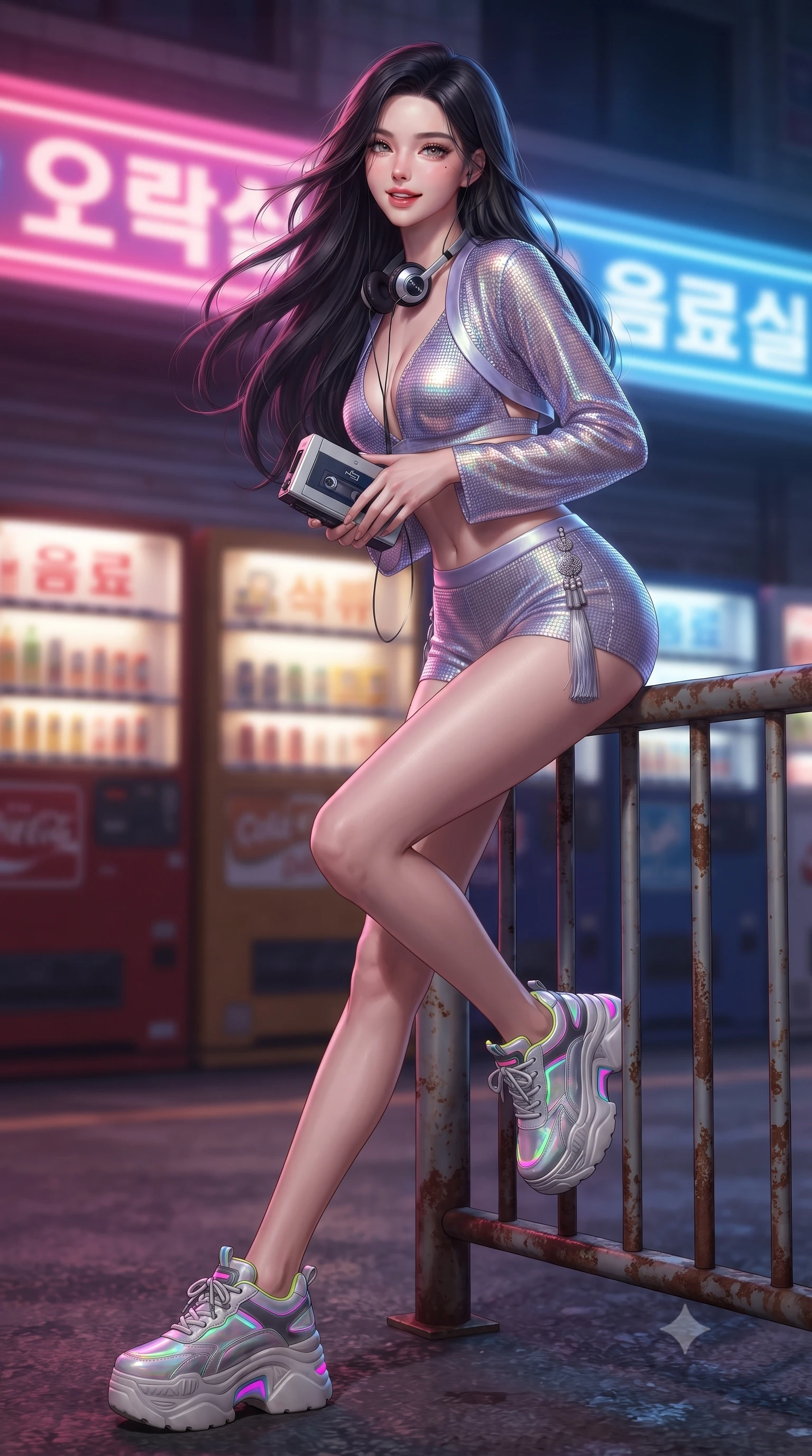 score_9, masterpiece, best quality, ultra-detailed, high-budget anime keyframe, editorial fashion photography, tasteful artistic composition, Korean woman. low angle full-body shot from head to toe showing her feet, filling the entire 9:16 vertical frame with her statuesque presence, stretching her vertical silhouette. leaning deep against the balcony balustrade with hips cocked back in an unapologetically alluring high-fashion stance, casting an intoxicating glance while sitting perched on the metal railing of the arcade entrance with legs extended, holding a cassette walkman with effortless 80s cool. The background shows a soft-focus vending machine glows softened in nostalgic retro city shallow focus. She has an absolutely perfect, statuesque 8.5-heads proportion, an exceptionally tall and slender model-like female figure with impossibly long slender legs, an ultra-slim waist, a flat toned midriff, narrow delicate ribcage, and beautifully sculpted feminine hips creating a graceful, slim hourglass silhouette without any bulky heaviness. sharp v-shaped jawline, high-bridge nose, sparkling eyes with hypnotic seductive depth, thick curled eyelashes, glossy parted lips with a natural dewy peach sheen, alluring bedroom-eyes with an enchanting coquettish smile, exuding magnetic siren charisma and sophisticated glamour, flawlessly proportioned anatomical accuracy, strict slender model proportions, natural body alignment, perfectly sculpted long slender limbs, ultra-slim waistline, clean dynamic posture without body distortion. wearing a modern two-piece royal silk loungewear set featuring an open-front short bolero and form-fitting silk hot-pants in iridescent mother-of-pearl and misty lavender, crafted from shimmering fluid chainmail mesh reflecting ambient neon lights, accented with an intricate silver norigae tassel swaying gracefully along her curving hip line, the glove-like clinging cut tightly following the natural contour of her hips and long slender legs with youthful 8.5-heads elegance. bathed in saturated neon pink and cobalt blue light spilling horizontally from arcade marquees. ultra-reflective glossy finish, specular highlights, rich textural contrasts, high-contrast stereoscopic depth, volumetric dynamic lighting, 2k, ultra detail, master piece, 9:16 ratio