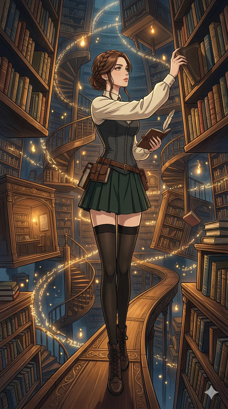 score_9, masterpiece, best quality, ultra-detailed, high-budget anime keyframe, an incredibly beautiful Caucasian woman (strictly human ears). Full-body shot stretching the vertical silhouette, dominating the 9:16 frame. She is a librarian in a gravity-defying archive. She has an absolutely perfect 8-heads proportion, an exceptionally tall and slender female figure with impossibly long slender legs and an ultra-slim waist. Her face is a highly detailed masterpiece featuring a sharp v-shaped jawline, high-bridge nose, intricate jewel-like eyes, thick eyelashes, and glossy lips. She is wearing a sleek dark academia-inspired corset and micro skirt. A massive library where staircases and books float upside down, warm magical lighting., 2k, ultra detail, master piece, 9:16 ratio