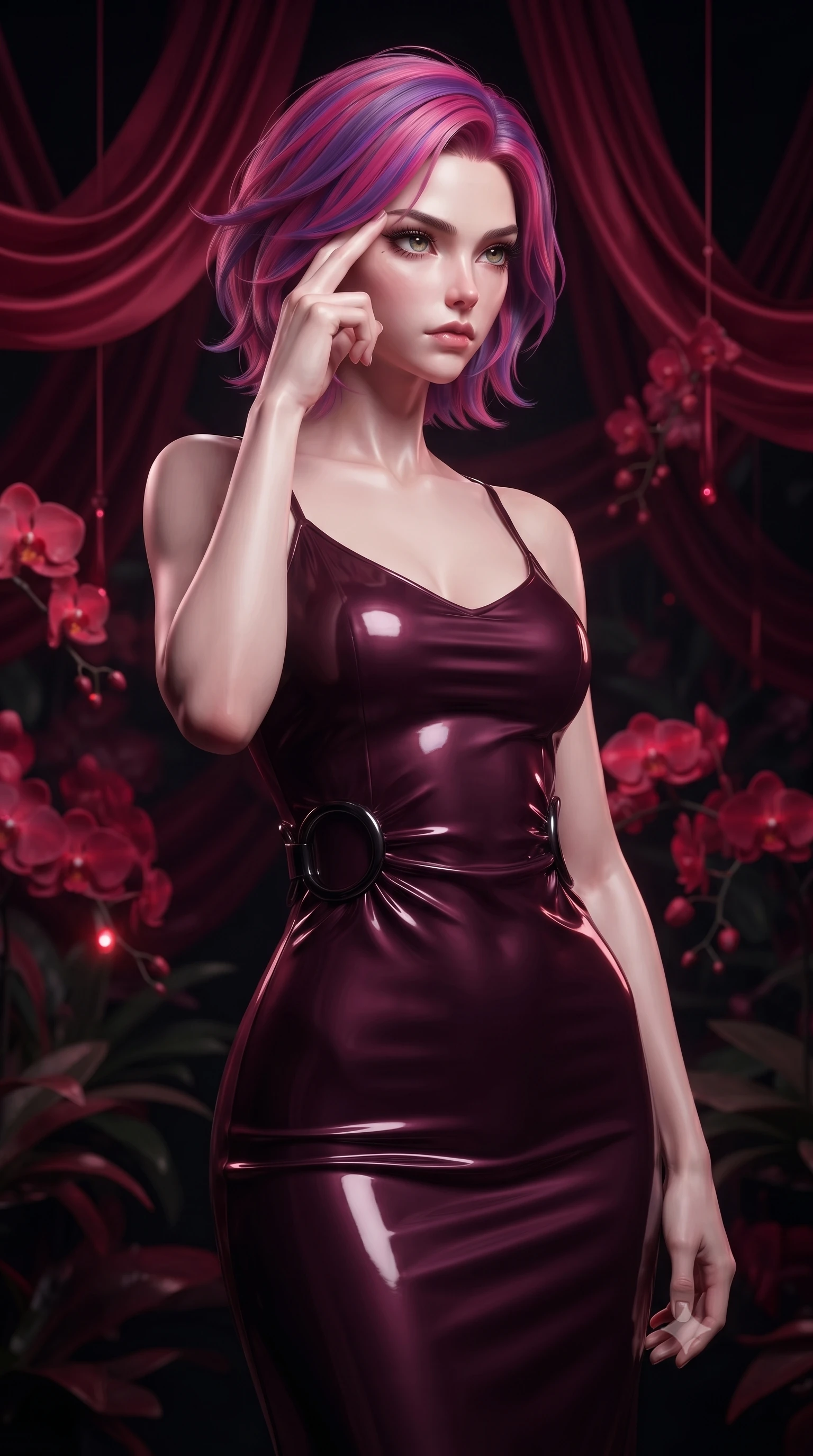 score_9, masterpiece, best quality, ultra-detailed, high-budget anime keyframe, editorial fashion photography, tasteful artistic composition, Caucasian woman. close-up cowboy shot from the waist and thighs up, the character dominates the composition, filling the frame with her large presence, background elements kept in soft focus. Pressing two fingers to her temple in a composed, sharp thoughtful gesture, navigating a shadowy plant sanctuary filled with suspended crimson silk drapes, blooming red orchids casting subtle bioluminescent ruby highlights. She has an exceptionally elegant, slender, and willowy female figure with an ultra-slim waist, a gracefully sculpted slender torso, and a refined silhouette. sharp v-shaped jawline, high-bridge nose, intricate jewel-like eyes with depth, thick eyelashes, glossy lips with a natural sheen. wearing form-contouring dark crimson liquid silk long slip dress in dark plum violet, made of high-gloss liquid vinyl, accented with sculpted obsidian chrome rings at the waist, highlighting her statuesque proportions and ultra-slim waistline. bathed in rich dark crimson tones and deep pitch-black ambient shadows. highly saturated vibrant anime colors, detailed shading with soft gradients, rich glossy textures, high-contrast stereoscopic depth, volumetric dynamic lighting, master piece, 9:16 ratio