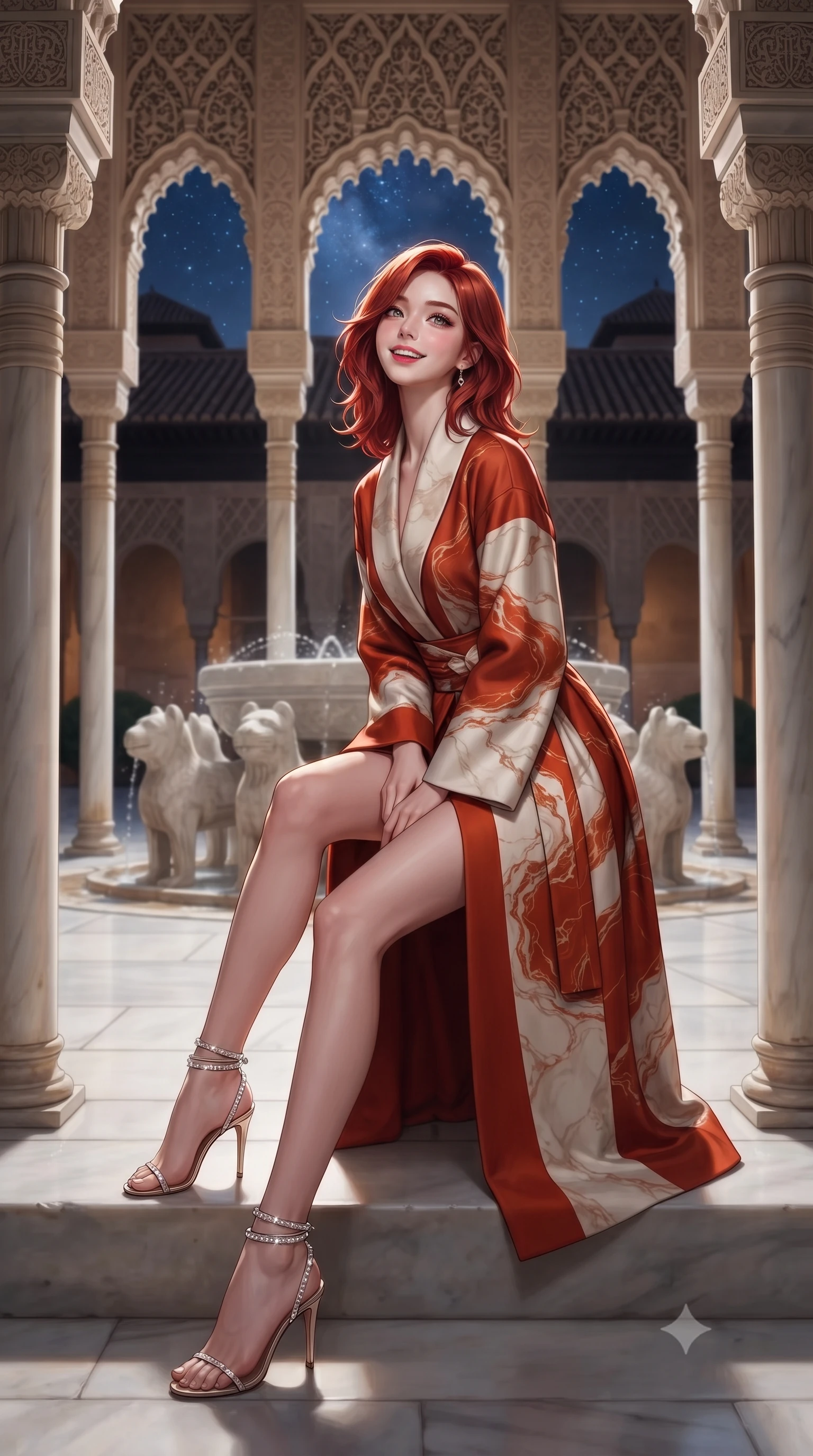 score_9, masterpiece, best quality, ultra-detailed, high-budget anime keyframe, editorial fashion photography, tasteful artistic composition, Korean woman. low angle full-body shot from head to toe showing her feet, filling the entire 9:16 vertical frame with her statuesque presence, stretching her vertical silhouette. sitting poised on the stone steps with one knee bent, arching her spine with supermodel elegance as she glances upward through thick eyelashes while standing poised between slender white marble columns beneath intricate carved muqarnas stalactite arches, arching her lower back with sovereign supermodel grace as moonlight illuminates the twelve stone lions of the fountain. The background shows a soft-focus slender white Macael marble colonnade, bubbling lion fountain basin, and starlit Granada skies through horseshoe arches blurred into ivory, amber, and indigo bokeh. She has an exceptionally tall and slender model-like 8.5-heads proportion, an ultra-slim waist, a flat toned midriff, narrow delicate ribcage, and beautifully sculpted feminine hips creating a graceful, slim hourglass silhouette without any bulky heaviness, with impossibly long slender legs. sharp v-shaped jawline, high-bridge nose, intricate jewel-like sparkling eyes with depth, thick eyelashes, glossy parted lips with a natural peach sheen, bright cheerful beaming smile with an enchanting and coquettish sensual glint, exuding both youthful cute charm and seductive allure, flawlessly proportioned anatomical accuracy, strict slender model proportions, natural body alignment, perfectly sculpted long slender limbs, ultra-slim waistline, clean dynamic posture without body distortion. wearing a bespoke Japanese minimalist silk kimono-collar structured trench coat with obi sash belt in Cordoba vermilion red and ivory alabaster marble, crafted from bespoke double-faced cashmere with an exceptionally soft tactile finish, complemented by strappy stiletto sandals with crystal ankle wraps accentuating her slender calves, the bespoke structured tailoring following the natural line of her 8.5-heads silhouette with refined elegance. illuminated by white marble floor reflection bounce and sharp platinum-gold rim lights sculpting her razor-sharp jawline, narrow waist, and curvy hips. ultra-reflective glossy finish, specular highlights, rich textural contrasts, high-contrast stereoscopic depth, volumetric dynamic lighting, 2k, ultra detail, master piece, 9:16 ratio
