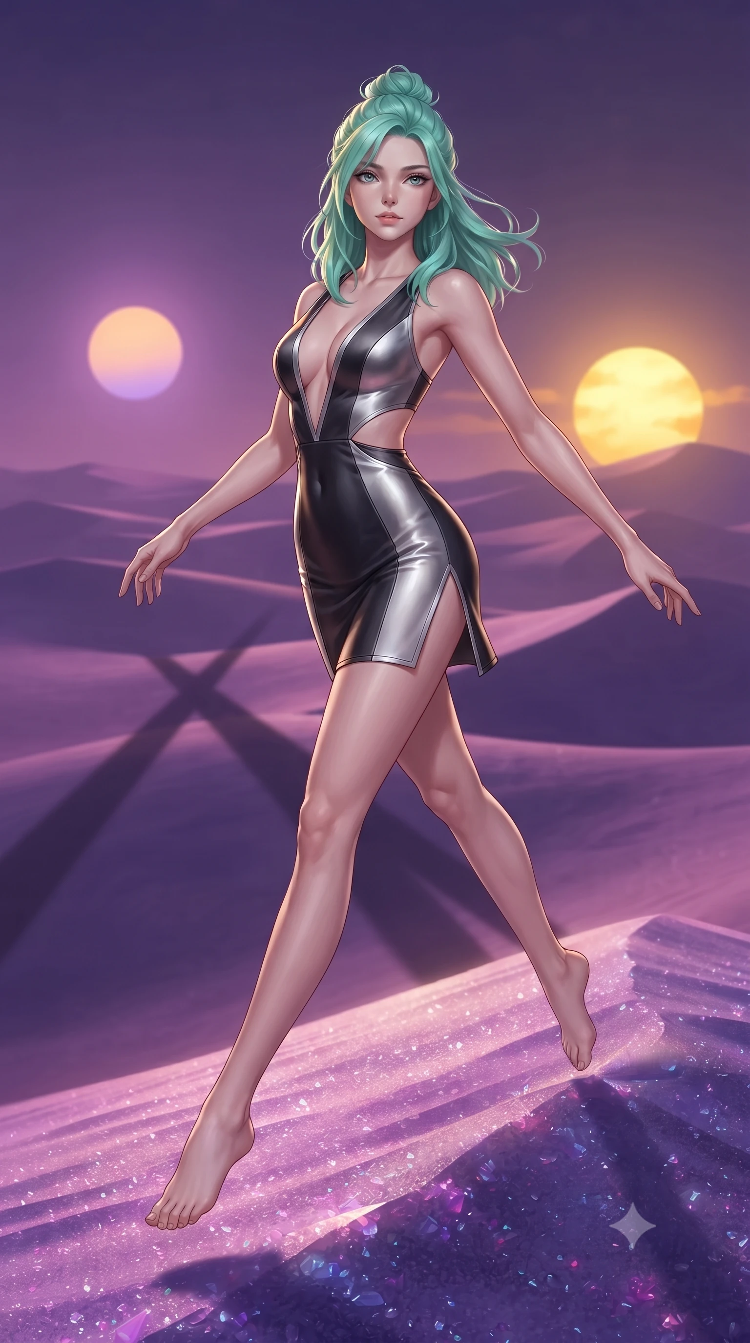 score_9, masterpiece, best quality, ultra-detailed, high-budget anime keyframe, editorial fashion photography, tasteful artistic composition, Japanese woman. low angle full-body shot from head to toe showing her feet, filling the entire 9:16 vertical frame with her statuesque presence, stretching her vertical silhouette. leaping gracefully through the environment with statuesque elegance and long slender legs standing on a high dune of violet crystal sand under a twin sun sunset, twin suns casting dramatic dual shadows across the violet desert landscape. She has an absolutely perfect, statuesque 8.5-heads proportion, an exceptionally tall and slender model-like female figure with impossibly long slender legs and an ultra-slim waist. sharp v-shaped jawline, high-bridge nose, intricate jewel-like eyes with depth, thick eyelashes, glossy lips with a natural sheen. wearing a liquid mercury gloss mini dress with ultra-deep V-neck and waist cutouts in matte black and polished silver, crafted from smooth liquid silk, finished with a sleek side slit ascending to mid-thigh, the tailored fabric tightly following every curve of her athletic build. illuminated by dramatic golden sunset key light and rich purple ambient fill. ultra-reflective glossy finish, specular highlights, metallic sheen, high-contrast stereoscopic depth, volumetric dynamic lighting, 2k, ultra detail, master piece, 9:16 ratio