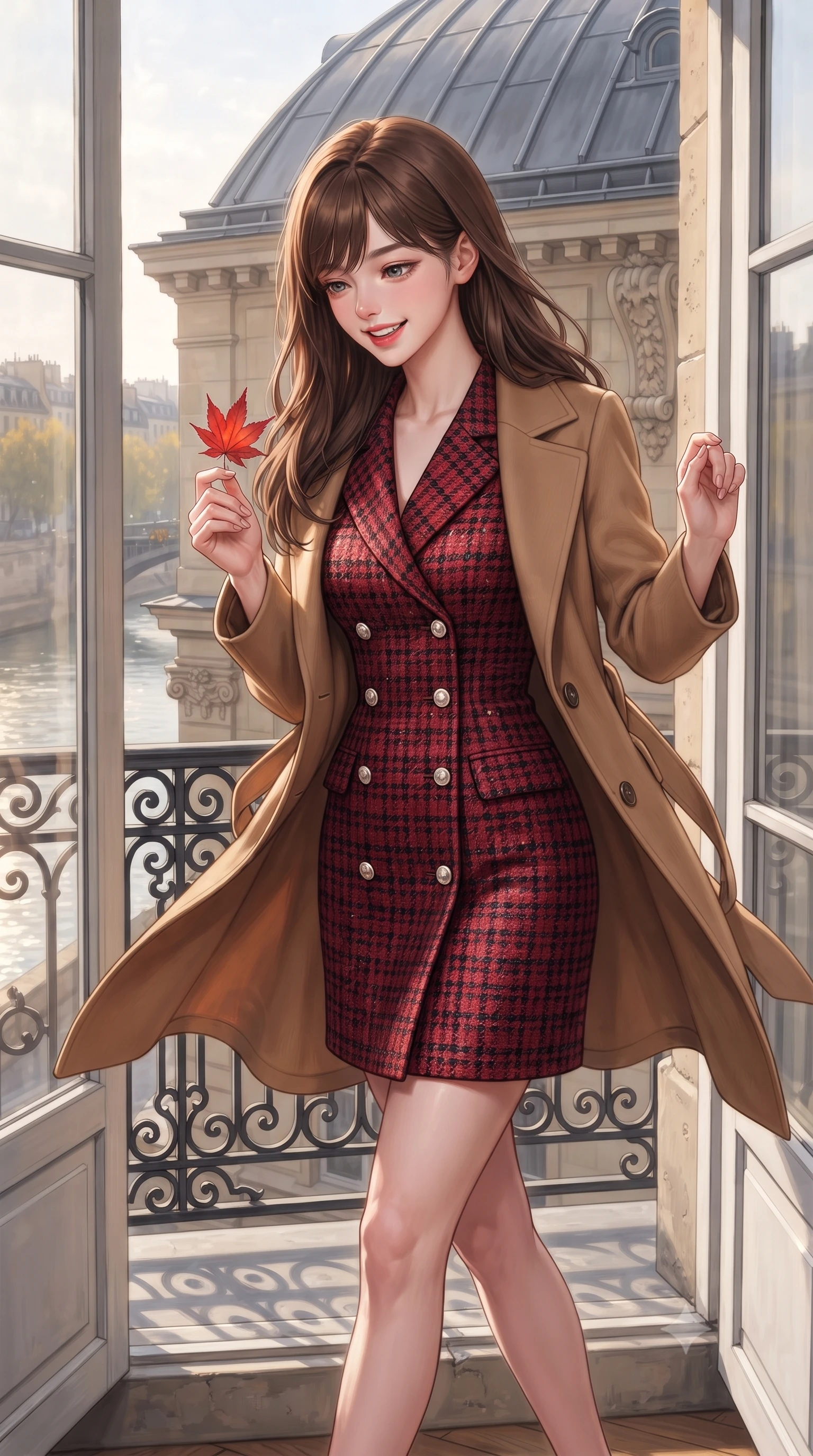 score_9, masterpiece, best quality, ultra-detailed, high-budget anime keyframe, editorial fashion photography, tasteful artistic composition, Korean woman. close-up cowboy shot from the waist and thighs up, the character dominates the composition, filling the frame with her large presence. holding a single autumn leaf delicately between manicured fingers, admiring it with a cheerful, parted-lip smile while stepping out through tall French double doors onto the stone balcony ledge, her belted cashmere coat catching the brisk autumn breeze. The surrounding environment is rendered in vivid detail and crisp panoramic clarity: sharp scrollwork details on wrought iron balcony railing, carved limestone corbel reliefs, and zinc rooftop seam ridges in deep focus. She has an exceptionally elegant, slender, and willowy female figure with an ultra-slim waist, flat toned midriff, narrow ribcage, and sculpted feminine hips creating an alluring, slim hourglass silhouette without bulk. sharp v-shaped jawline, high-bridge nose, intricate jewel-like sparkling eyes with depth, thick eyelashes, glossy parted lips with a natural peach sheen, bright cheerful beaming smile with an enchanting and coquettish sensual glint, exuding both youthful cute charm and seductive allure, flawlessly proportioned anatomical accuracy, strict slender model proportions, natural body alignment, perfectly sculpted long slender limbs, ultra-slim waistline, clean dynamic posture without body distortion. wearing a structured double-breasted tweed dress with notched lapels, long sleeves, and decorative mother-of-pearl buttons in Kyoto autumn maple crimson and deep ink black, made of crisp Egyptian cotton poplin with pristine tailored pressing, finished with fine mother-of-pearl cuff buttons catching the soft ambient light, the streamlined silhouette following her natural slender proportions with sophisticated poise, enhancing her tall willowy presence. bathed in soft, luminous early morning autumn sunlight reflecting off the Seine river surface and stone facades. ultra-reflective glossy finish, specular highlights, rich textural contrasts, high-contrast stereoscopic depth, volumetric dynamic lighting, 2k, ultra detail, master piece, 9:16 ratio