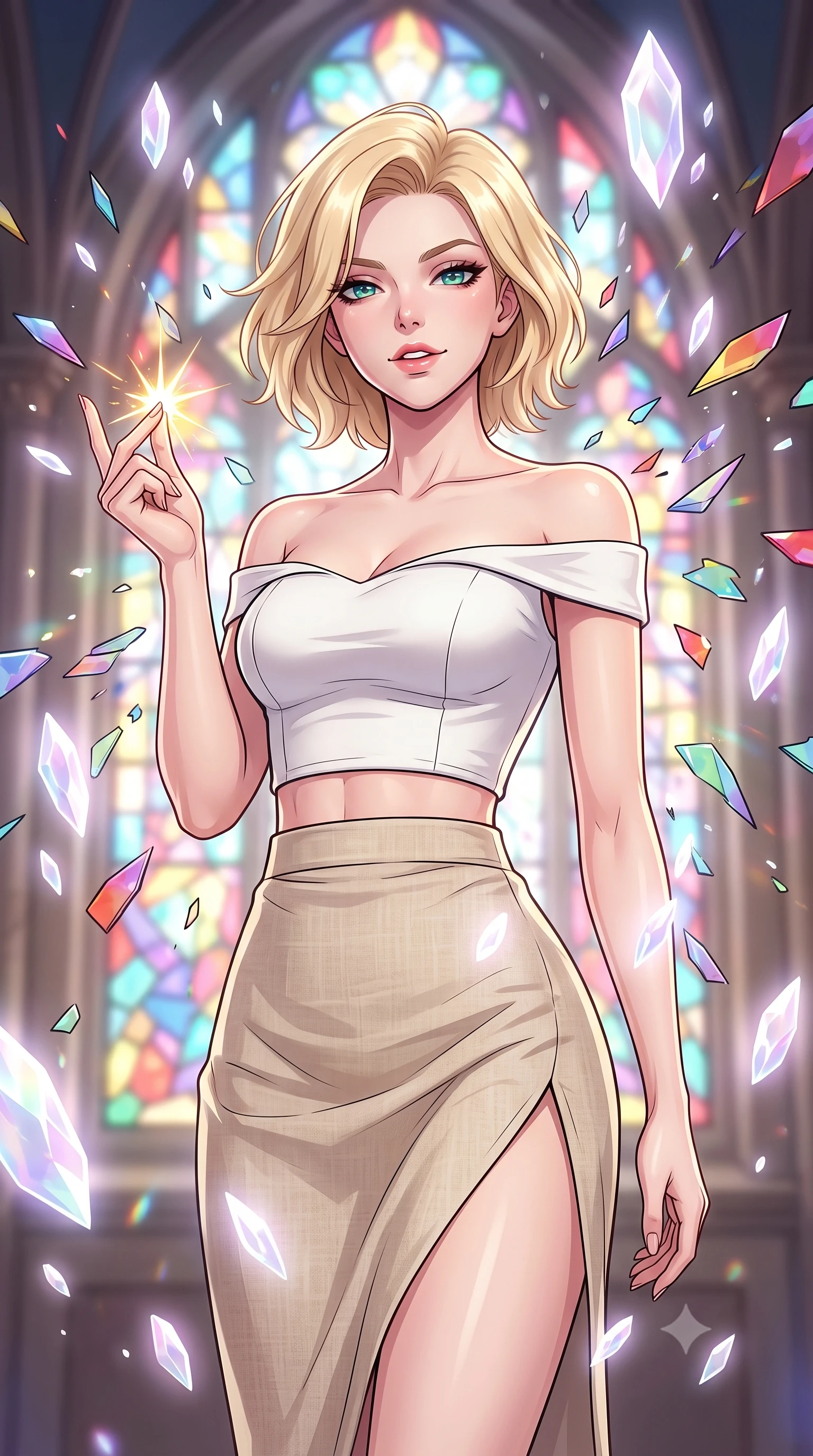 score_9, masterpiece, best quality, ultra-detailed, high-budget anime keyframe, clean line-art, cel-shading, Caucasian woman, strictly human ears. close-up cowboy shot from the waist and thighs up, the character dominates the composition, filling the frame with her large presence, background elements kept in soft focus. Snapping a finger to ignite a spark of magic, lips parted in a self-assured smirk. set against a soft-focus background of standing inside a cathedral window frame as the massive stained glass explodes outward, sending colored shards flying. She has an exceptionally elegant and slender, willowy female figure with an ultra-slim waist, a gracefully sculpted slender torso, and a refined slim physique. sharp v-shaped jawline, high-bridge nose, intricate jewel-like eyes with depth, thick eyelashes, glossy lips with a natural sheen. wearing tailored for maximum mobility, sleek form-contouring panels that allow fluid movement, a tailored white off-shoulder crop top paired with a high-waisted beige linen skirt featuring a high side slit. ethereal pearlescent light emanating from floating crystalline formations all around. highly saturated vibrant anime colors, intense vivid color palette, volumetric dynamic lighting, 2k, ultra detail, master piece, 9:16 ratio