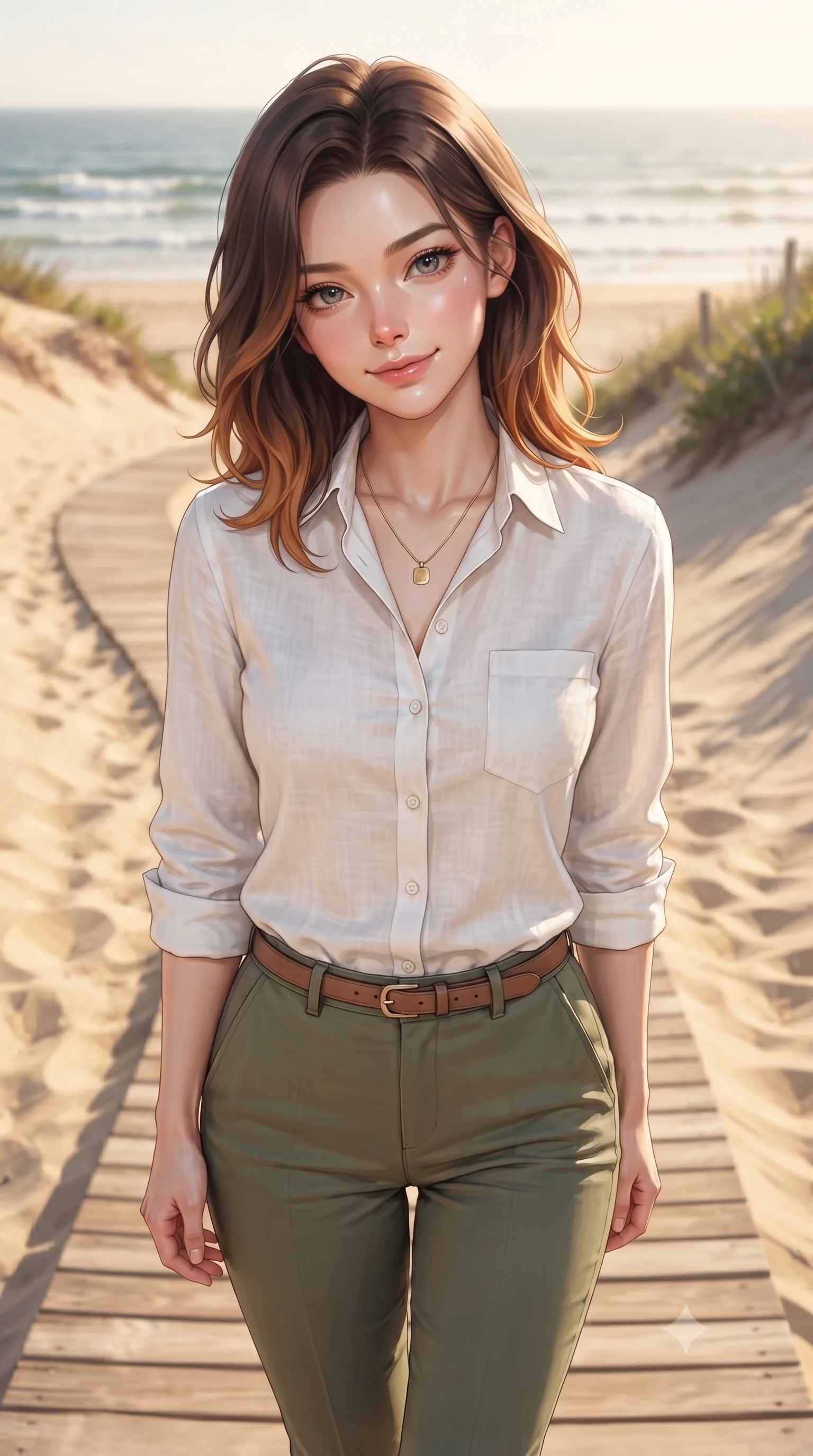 score_9, masterpiece, best quality, ultra-detailed, high-budget anime keyframe, editorial fashion photography, tasteful artistic composition, Korean woman woman. close-up cowboy shot from the waist and thighs up, the character dominates the composition, filling the frame with her large presence, background elements kept in soft focus. tilting her head slightly with a gentle, friendly smile under the warm sun the background shows a soft-focus a wooden boardwalk winding through massive sand dunes with ocean waves in soft focus. She has an exceptionally elegant, slender, and willowy female figure with an ultra-slim waist, a gracefully sculpted slender torso, and a refined silhouette. sharp v-shaped jawline, high-bridge nose, intricate jewel-like eyes with depth, thick eyelashes, glossy lips with a natural sheen. wearing a slim-fit classic white linen button-down shirt over olive green chino trousers. bright midday sunbeams coloring the sands in clean golden hues. ultra-reflective glossy finish, specular highlights, metallic sheen, high-contrast stereoscopic depth, volumetric dynamic lighting, 2k, ultra detail, master piece, 9:16 ratio