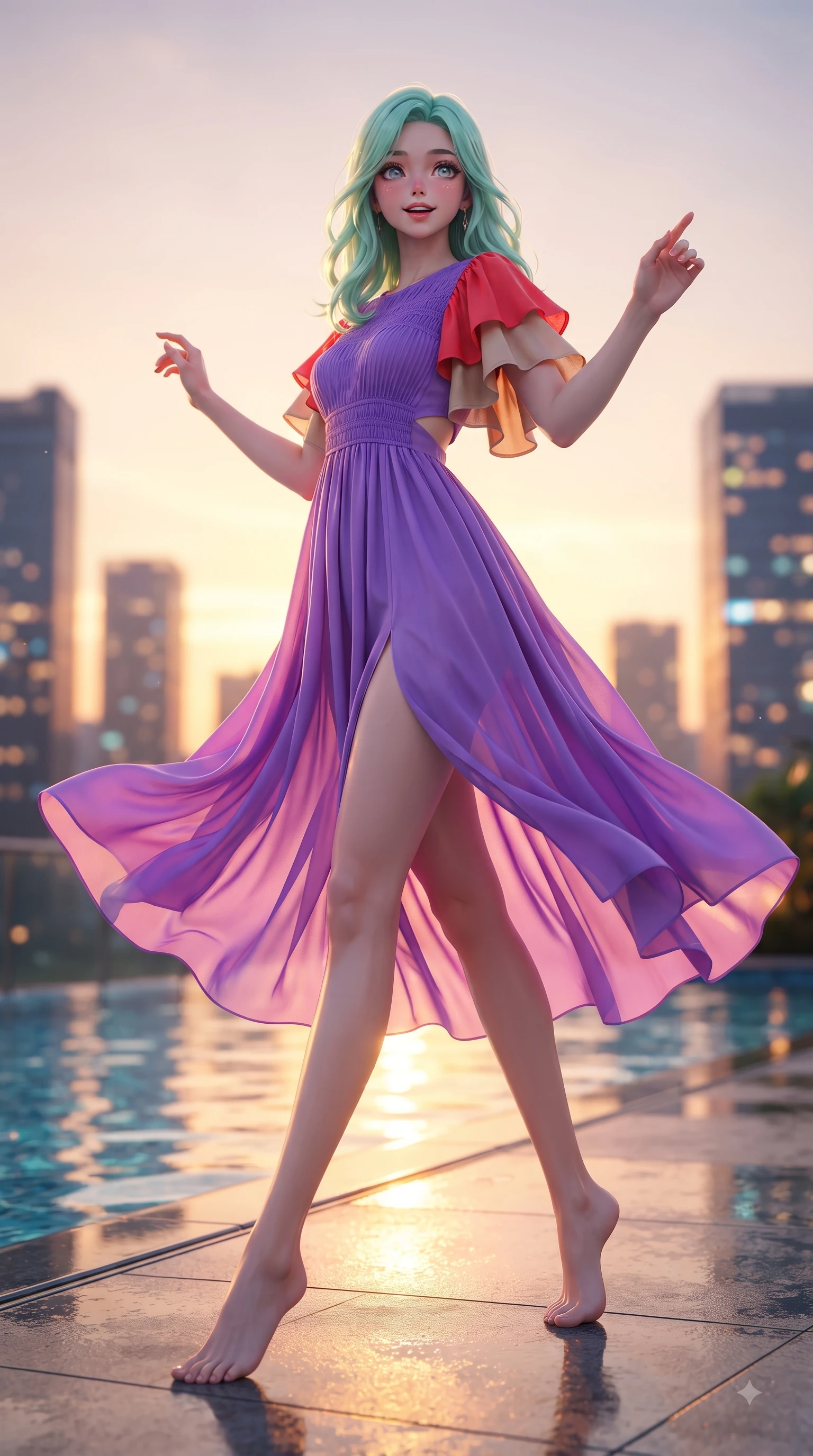 score_9, masterpiece, best quality, ultra-detailed, high-budget anime keyframe, editorial fashion photography, tasteful artistic composition, Japanese woman. low angle full-body shot from head to toe showing her feet, filling the entire 9:16 vertical frame with her statuesque presence, stretching her vertical silhouette. Expectant hopeful expression with wide sparkling eyes and a soft eager smile as if waiting for a loved one while pivoting dynamically near a glass infinity pool edge with city skyscraper silhouettes behind. The composition keeps background elements in soft focus with dreamy bokeh. twinkling city tower lights and glowing sunset sky blurred into sparkling urban bokeh. She has an absolutely perfect, statuesque 8.5-heads proportion, an exceptionally tall and slender model-like female figure with impossibly long slender legs and an ultra-slim waist. sharp v-shaped jawline, high-bridge nose, intricate jewel-like eyes with depth, thick eyelashes, glossy lips with a natural sheen, flawlessly proportioned anatomical accuracy, natural body alignment, perfectly sculpted elegant limbs, clean dynamic posture without body distortion. wearing a vivid violet chiffon gown with delicate smocked details and flutter sleeves in vibrant coral red and soft beige, crafted from soft breathable Italian linen, complemented by clean architectural seams and subtle cutouts, the fluid drape swaying gracefully with her dynamic editorial movement. bathed in dramatic golden hour sunset glow and vibrant urban night lights. ultra-reflective glossy finish, specular highlights, metallic sheen, high-contrast stereoscopic depth, volumetric dynamic lighting, 2k, ultra detail, master piece, 9:16 ratio