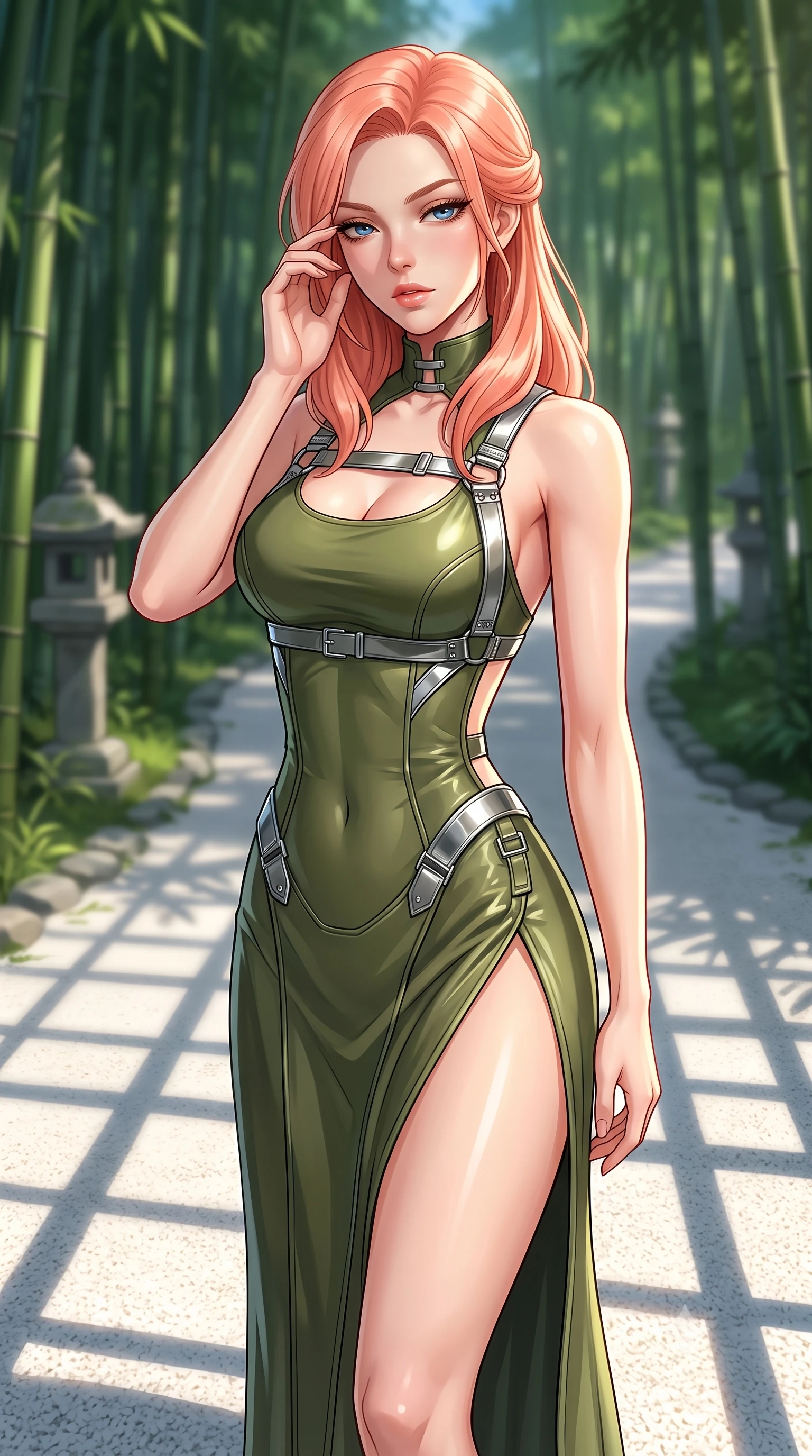 score_9, masterpiece, best quality, ultra-detailed, high-budget anime keyframe, editorial fashion photography, tasteful artistic composition, Japanese woman. close-up cowboy shot from the waist and thighs up, the character dominates the composition, filling the frame with her large presence, background elements kept in soft focus. gently touching the side of her temple, casting a heavy-lidded, sultry look past the camera, the background shows a soft-focus a bamboo forest path with white sand gravel and structured stone lanterns. She has an exceptionally elegant, slender, and willowy female figure with an ultra-slim waist, a gracefully sculpted slender torso, and a refined silhouette. sharp v-shaped jawline, high-bridge nose, intricate jewel-like eyes with depth, thick eyelashes, glossy lips with a natural sheen. wearing a form-contouring dramatic open-back maxi combat dress in olive green, featuring a high thigh slit and chrome straps. crisp morning sunlight casting sharp, clean grid shadows across the sand. highly saturated vibrant anime colors, detailed shading with soft gradients, rich glossy textures, high-contrast stereoscopic depth, volumetric dynamic lighting, master piece, 9:16 ratio